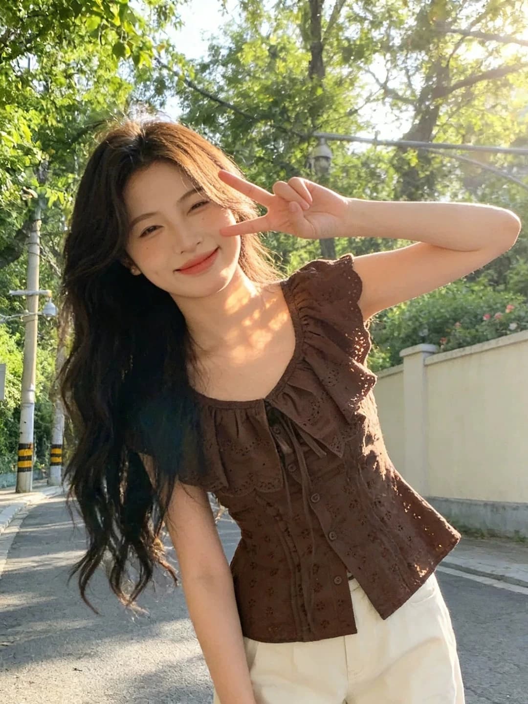Women's summer sleeveless lace blouse with embroidery, U-neck, cropped, coffee color