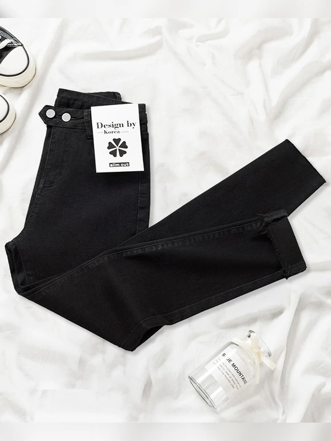 Women's autumn-winter slim-fit jeans, black, high waist, stretch, slimming, Korean style