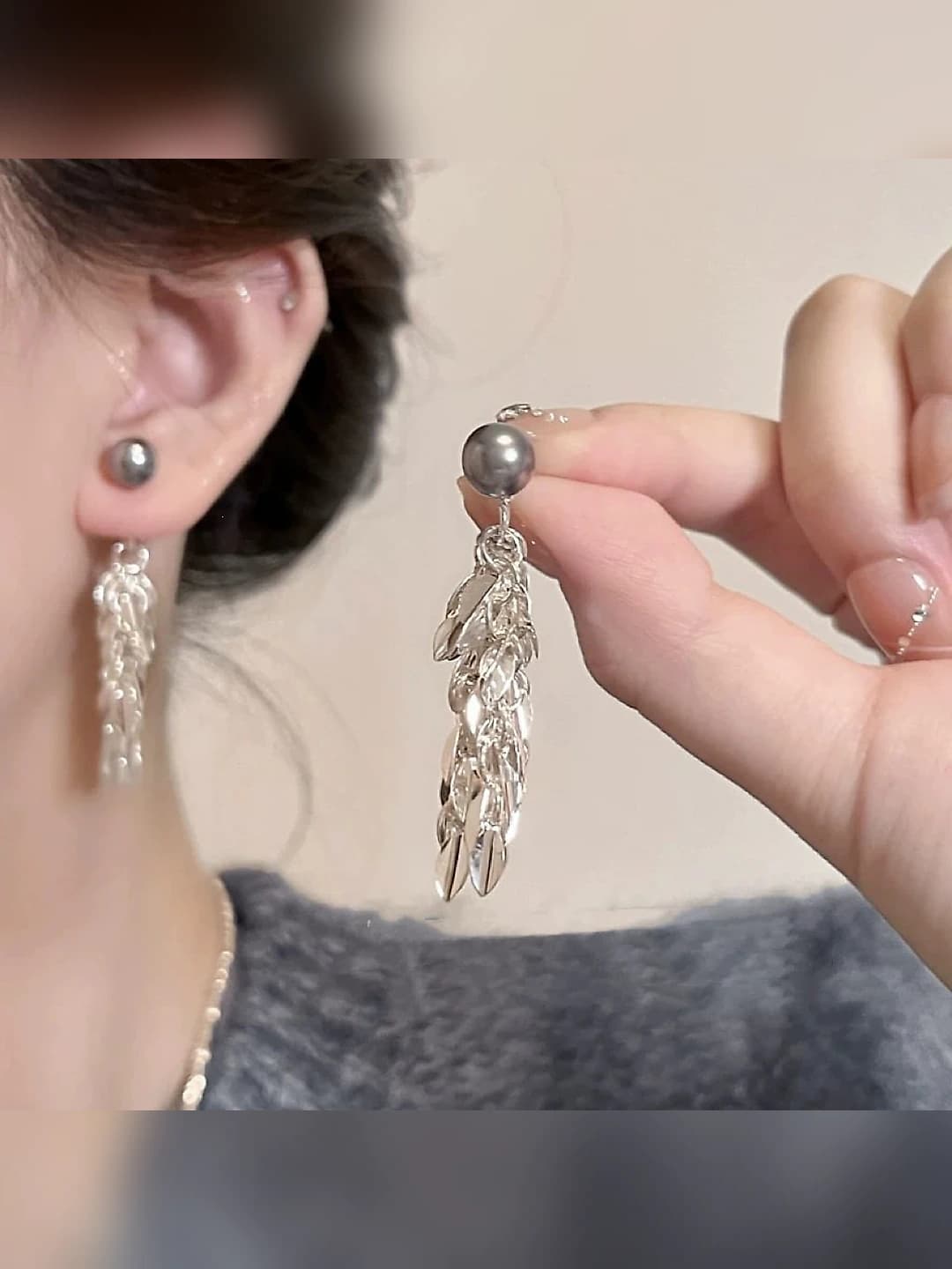 4# Wheat ear long pearl earrings - A2031 silver