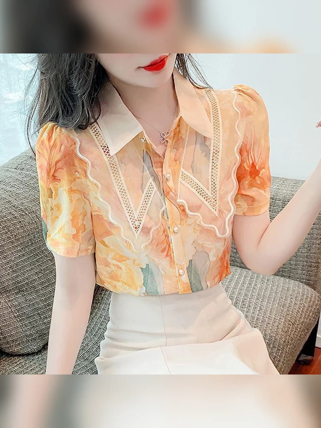 Women's summer printed blouse, short sleeve, POLO collar, polyester, 2026