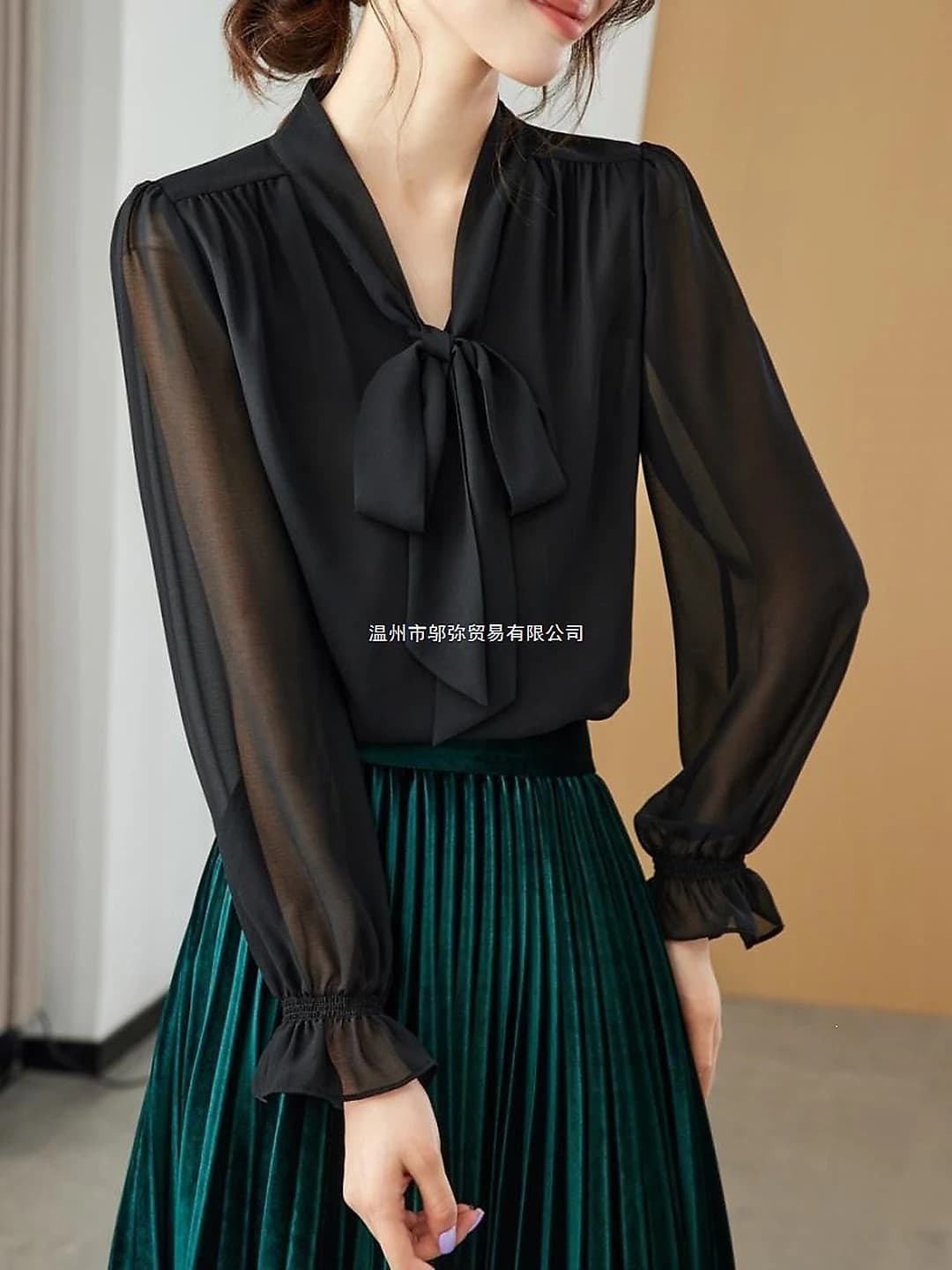 Women's French chiffon blouse with ribbon and bow, for office, early spring 2026