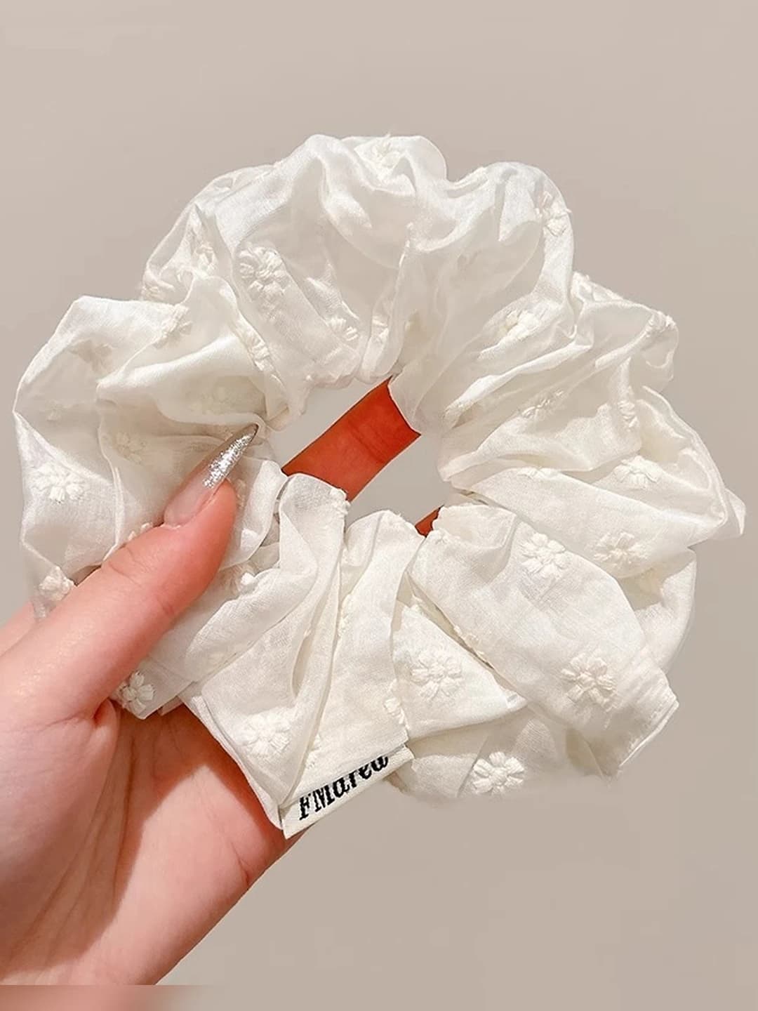 2# Off-white small floral embroidered scrunchie ~16 cm