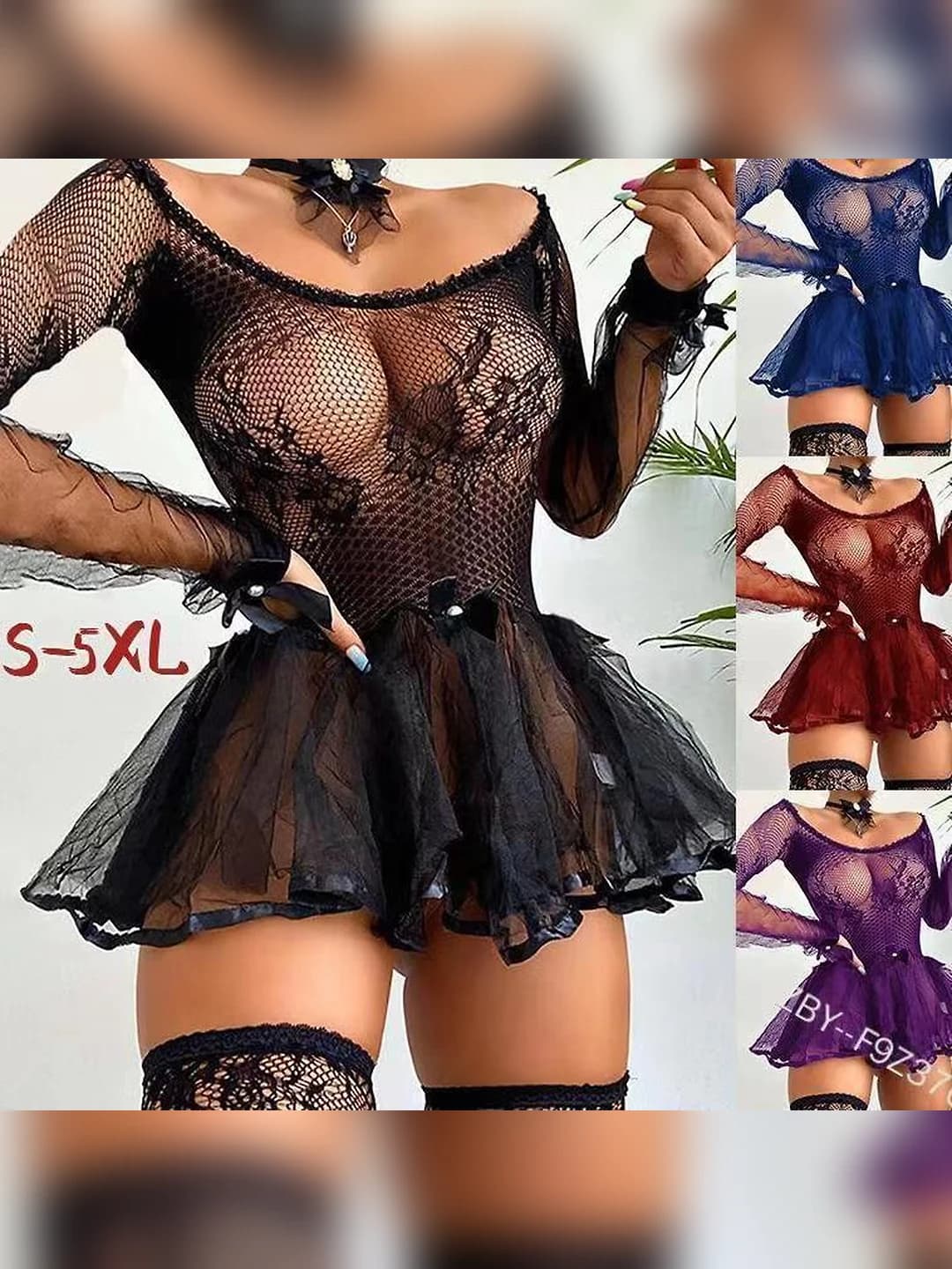 Women's lingerie and costume set: sheer mesh bodysuit and tulle skirt