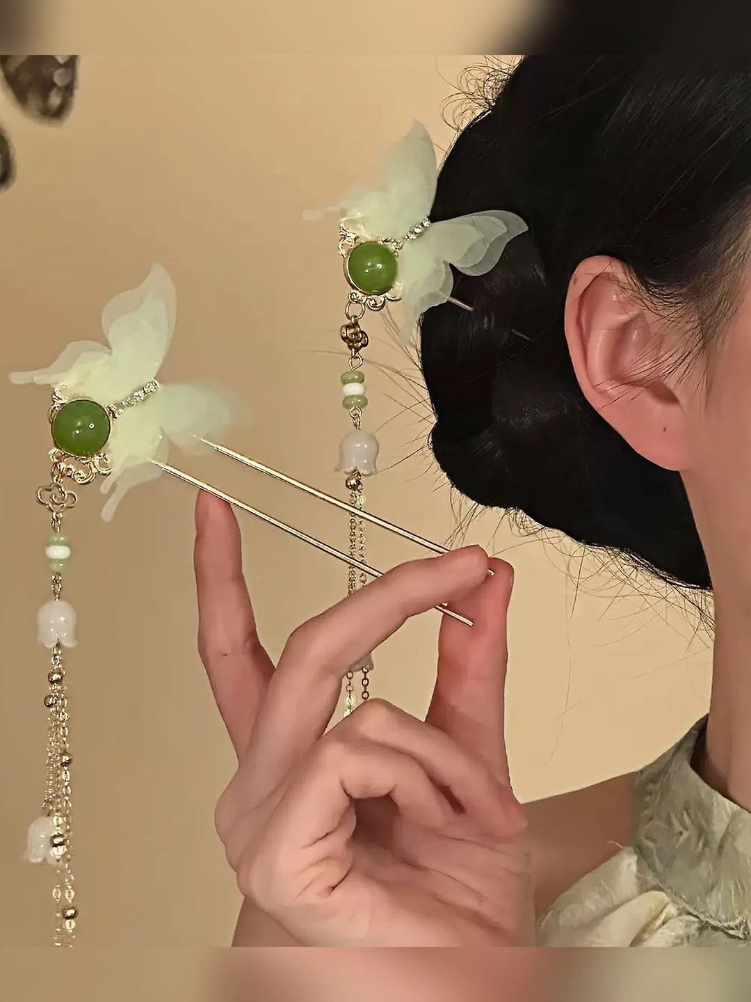 Women's 2026 new style green mesh tulle butterfly tassel U-shaped hairpin