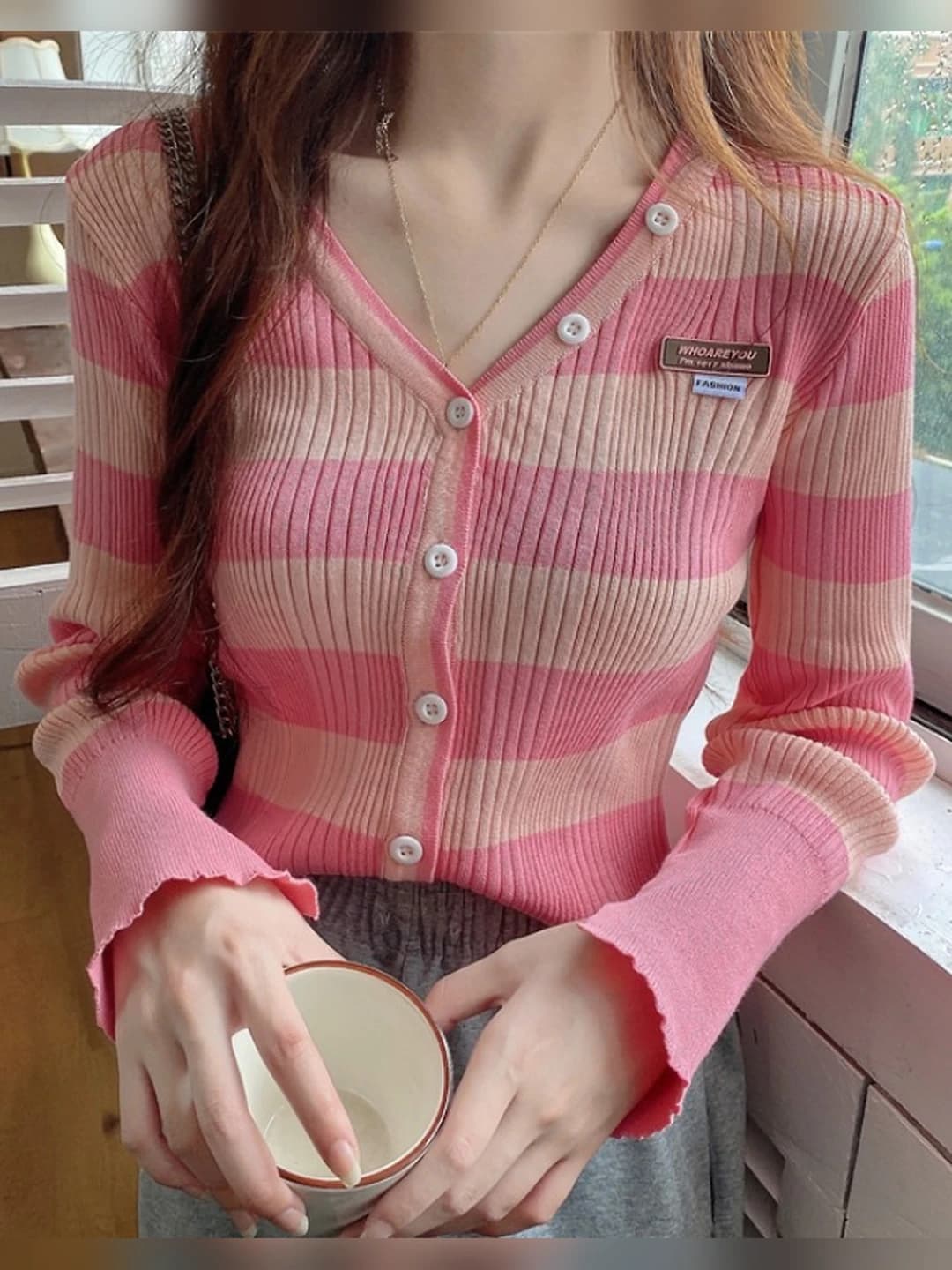 Women's autumn long sleeve striped slimming crew neck slim fit cardigan