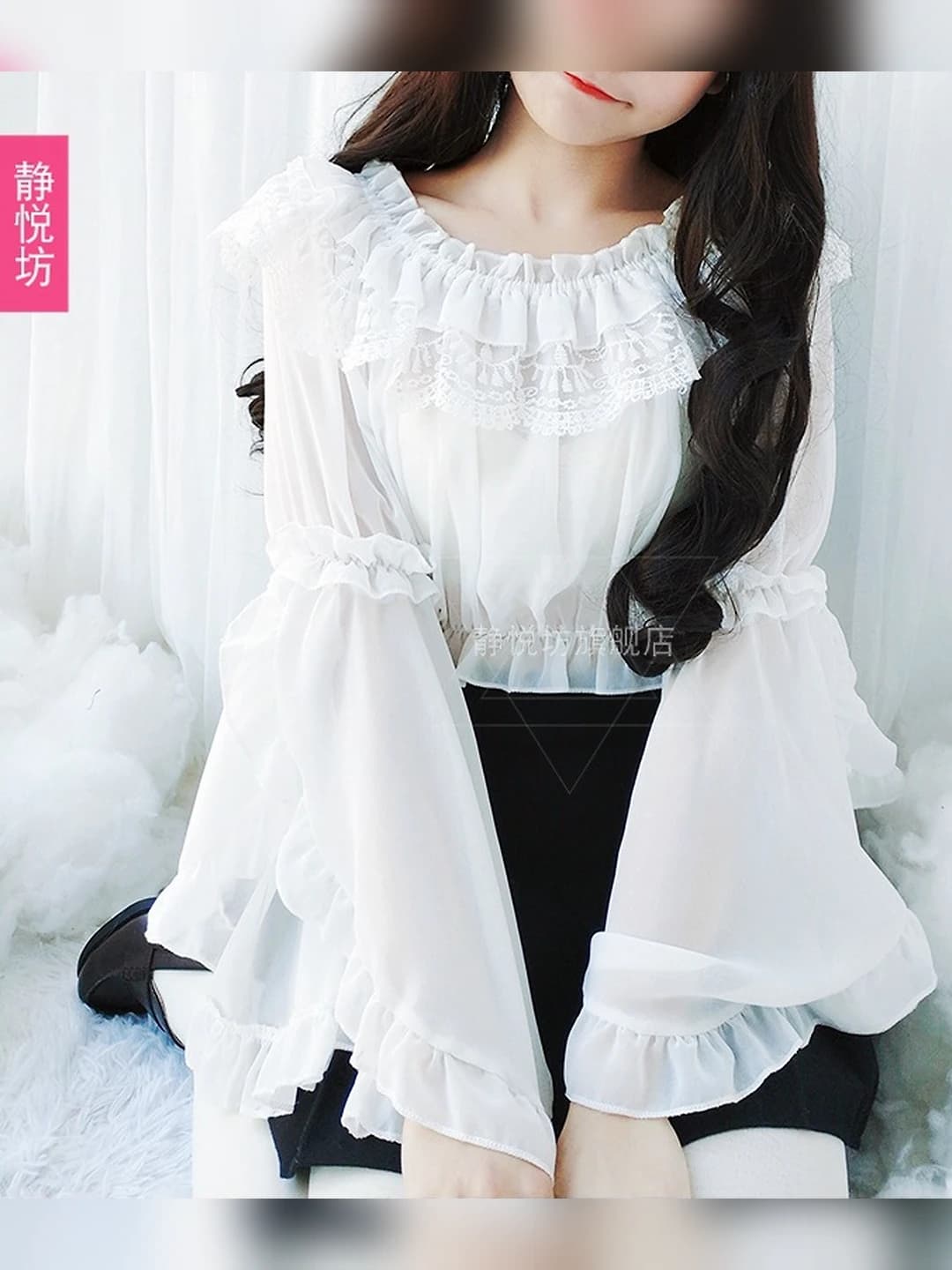 Women's lace chiffon blouse, long sleeve, short lolita style shirt