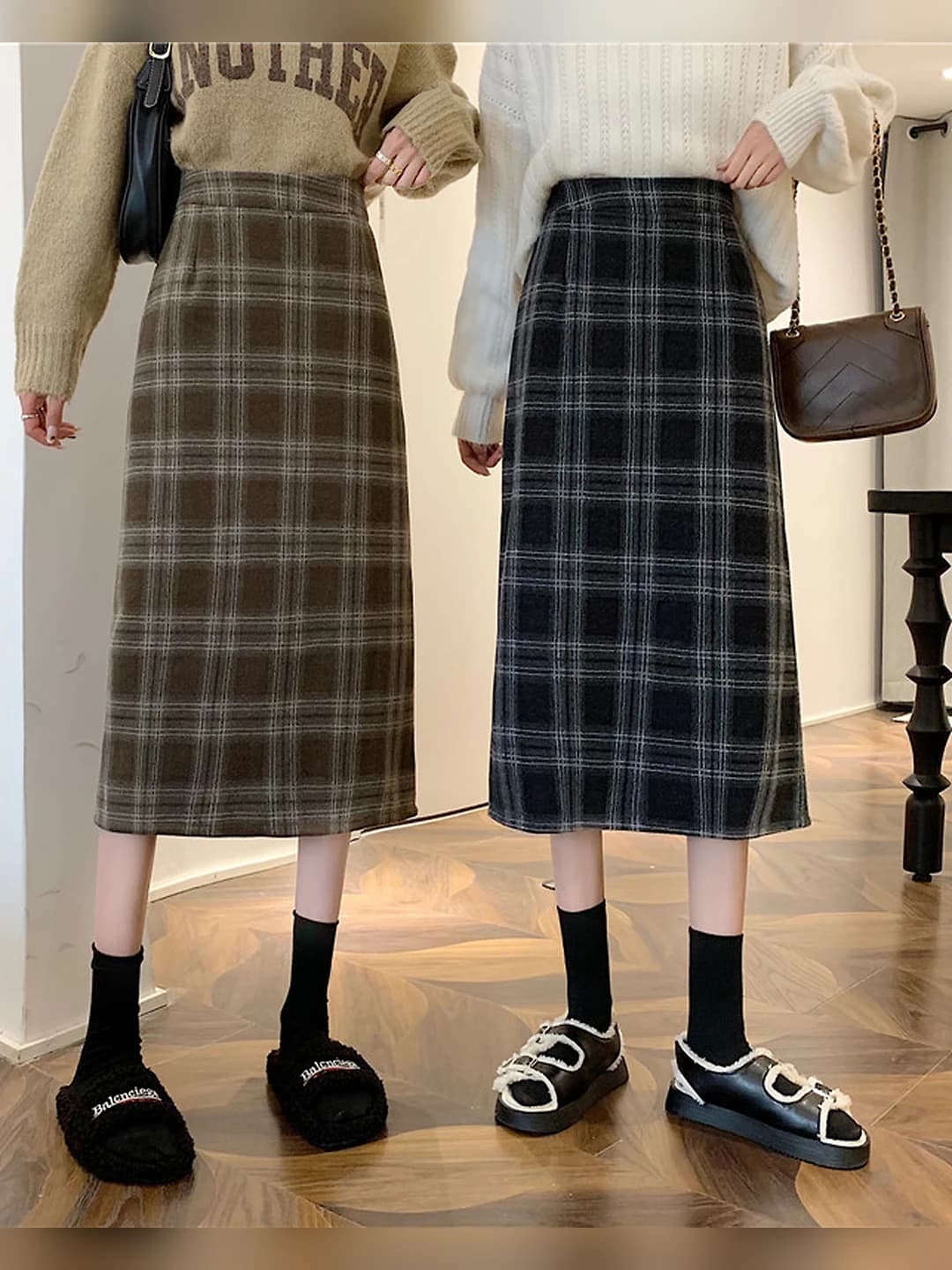 Women's Korean style checked high waist straight cut mid-length skirt autumn-winter 2026