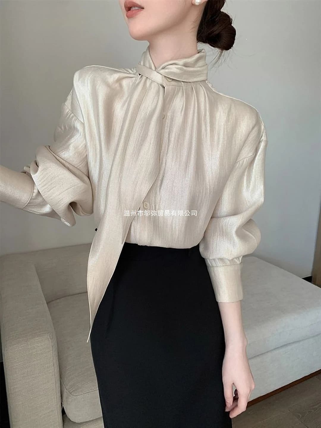 Women's blouse 2026 spring, champagne, high neck, long sleeve