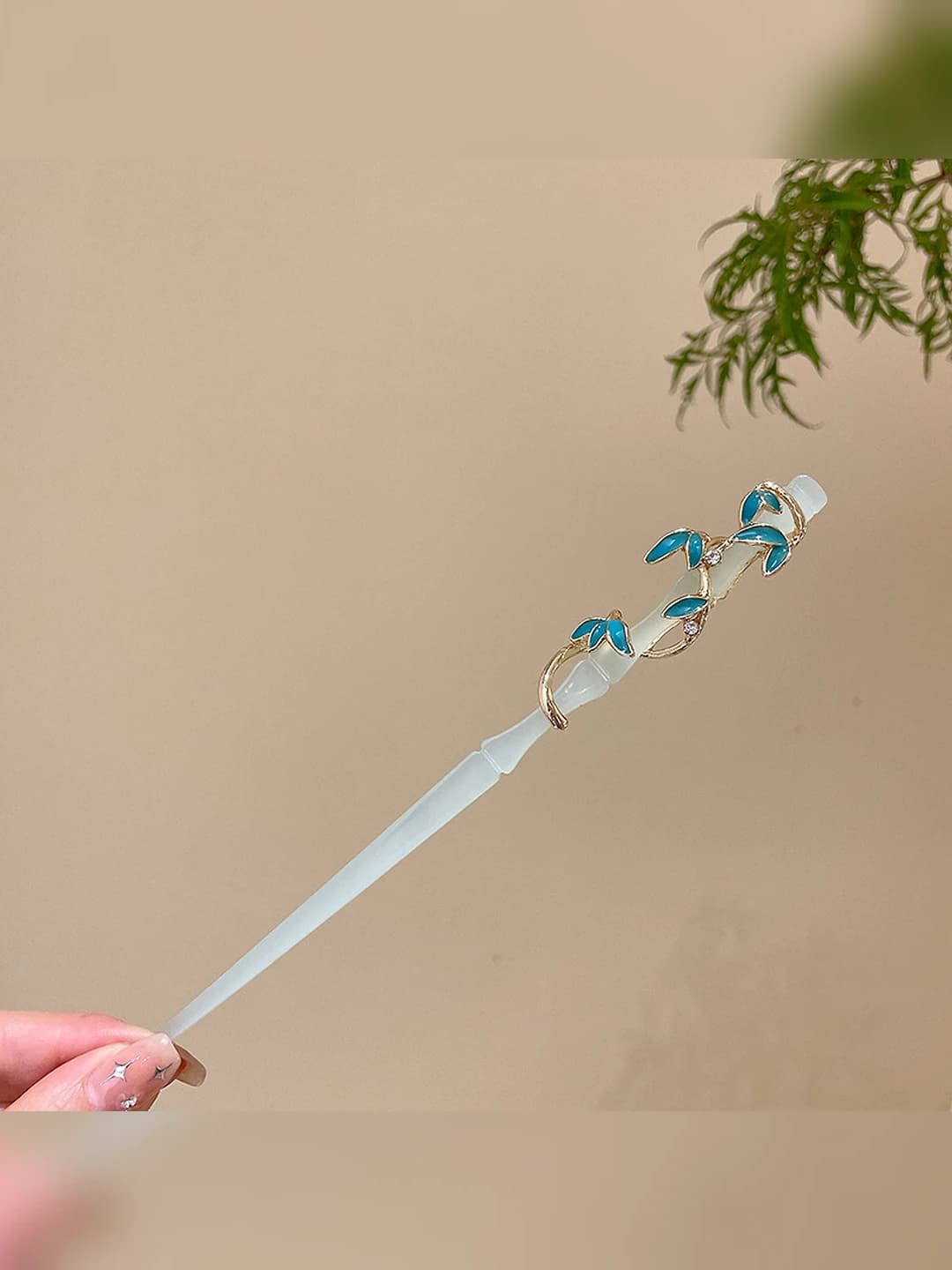 49# Light blue leaf hairpin