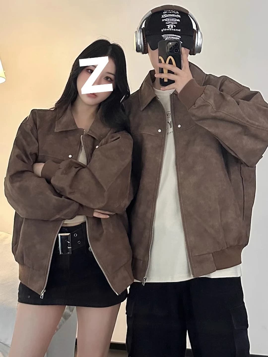 Ayollar uchun retro qaytarma yoqali PU deri kurtka, bo'sh (oversize) kesim, uzun yeng, fermuar, kuz-qish
