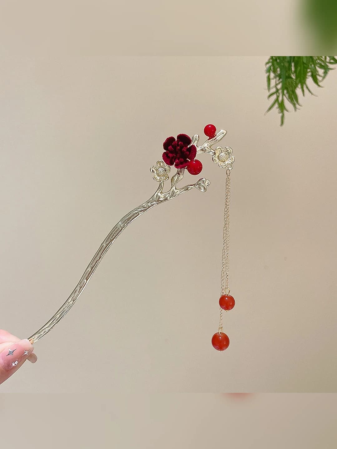 1# Red flower pearl pendant hairpin - Gold (bagged)