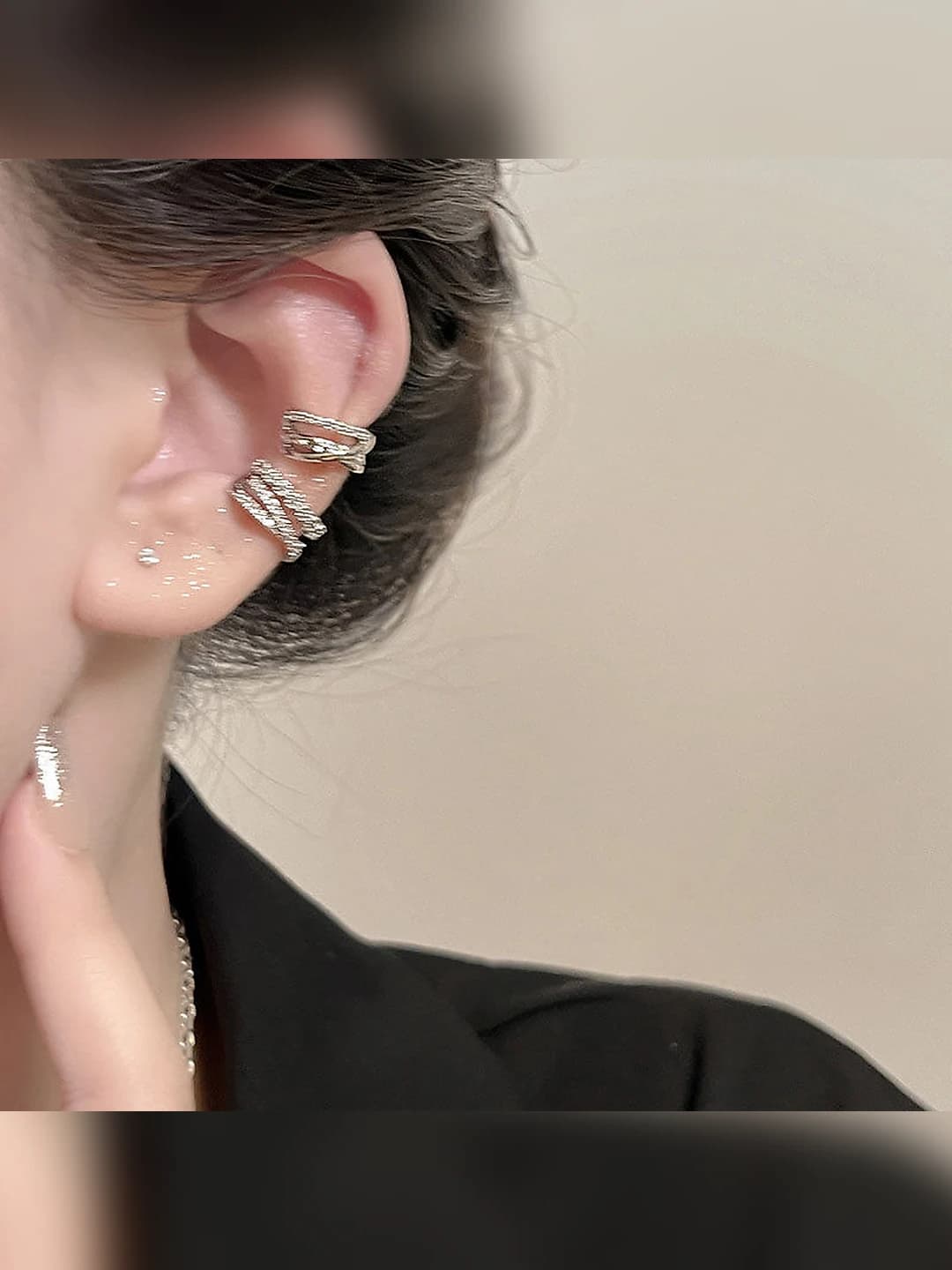 Women's 2026 zircon ear clips with geometric shape and aura style