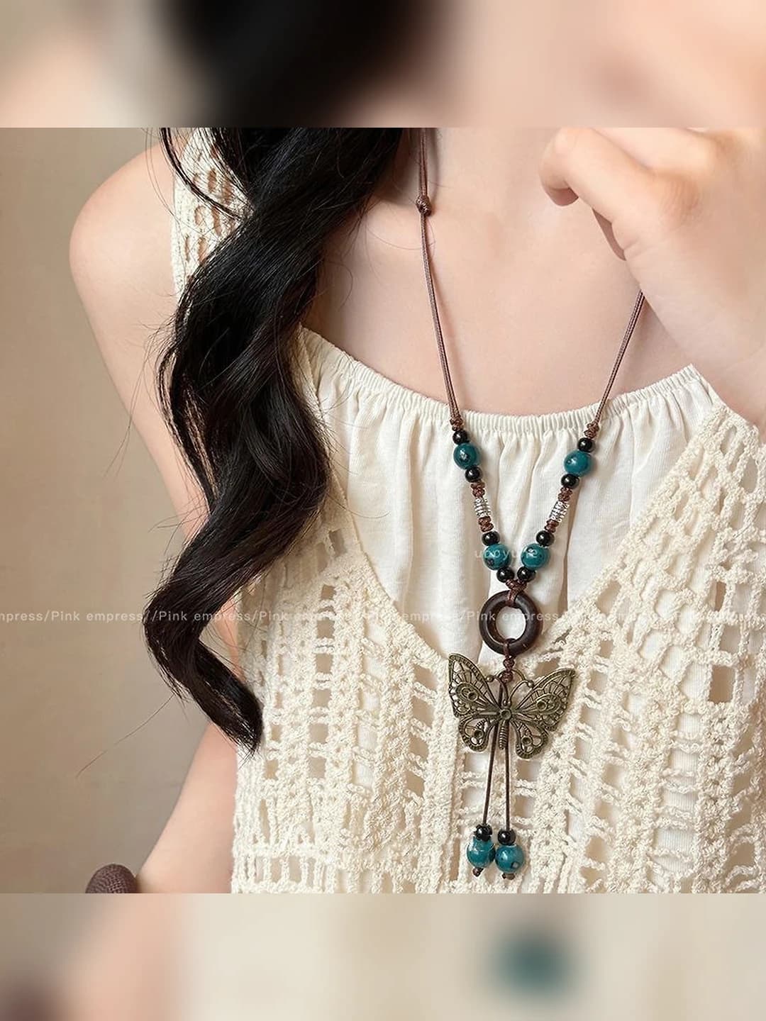 Women's beaded necklaces: long, retro, Korean style, geometric design element
