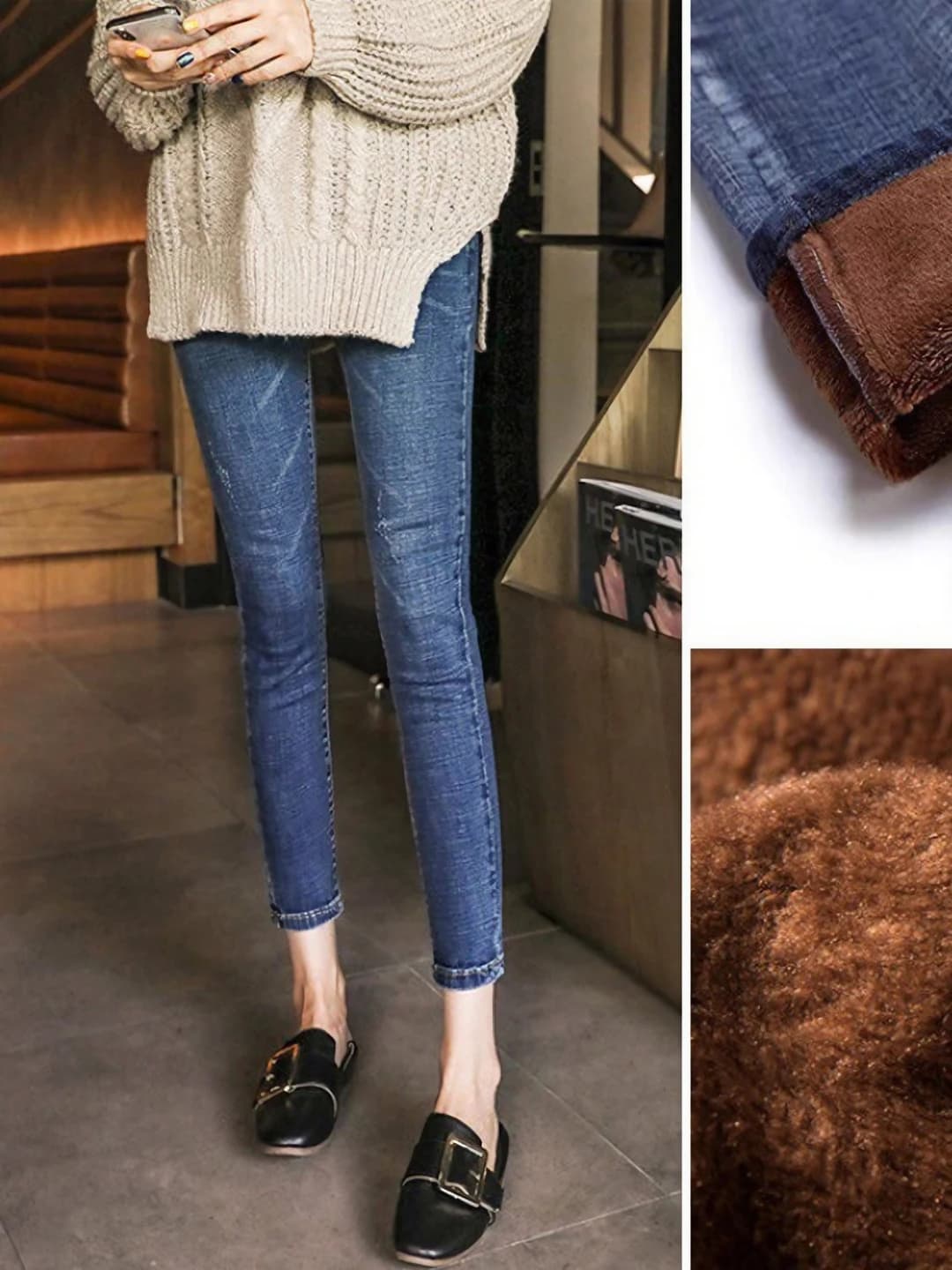 Women's high waist slim-fit jeans, thickened, fleece-lined, slimming, ankle-length trousers, for petite