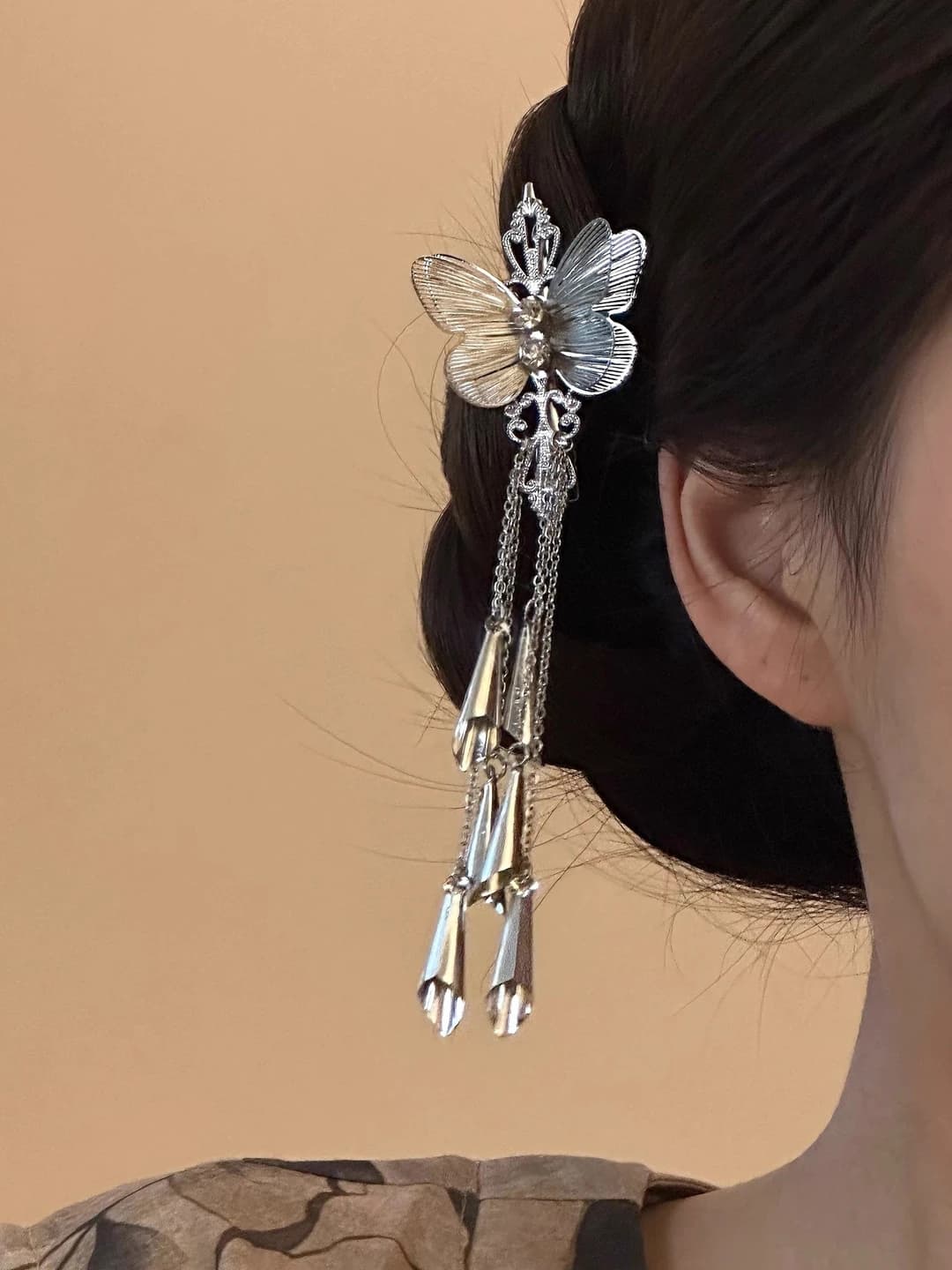 Silver butterfly bell hair clip