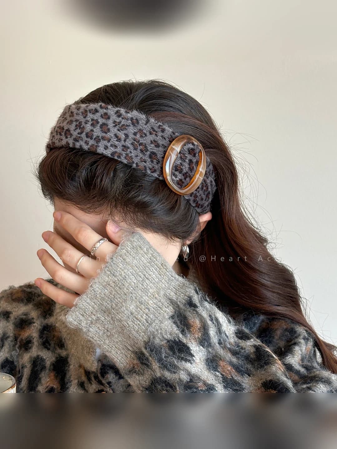 Grey leopard ring, wide band headband