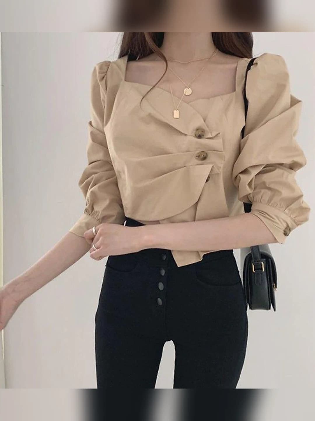 Women's slim fit, slimming, high waist, cropped, U-neck, long sleeve, asymmetric blouse