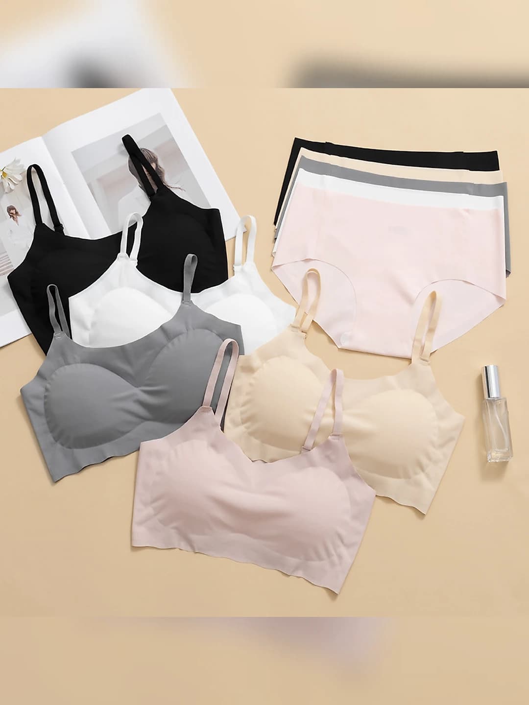 Women's bra and panty set: ice-silk fabric, pure cotton, seamless, all-season