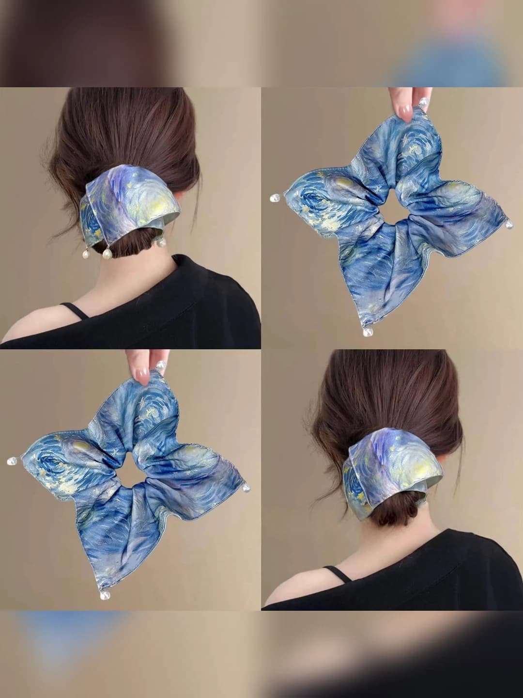 Women's large Korean style hair scrunchie with Starry Night print