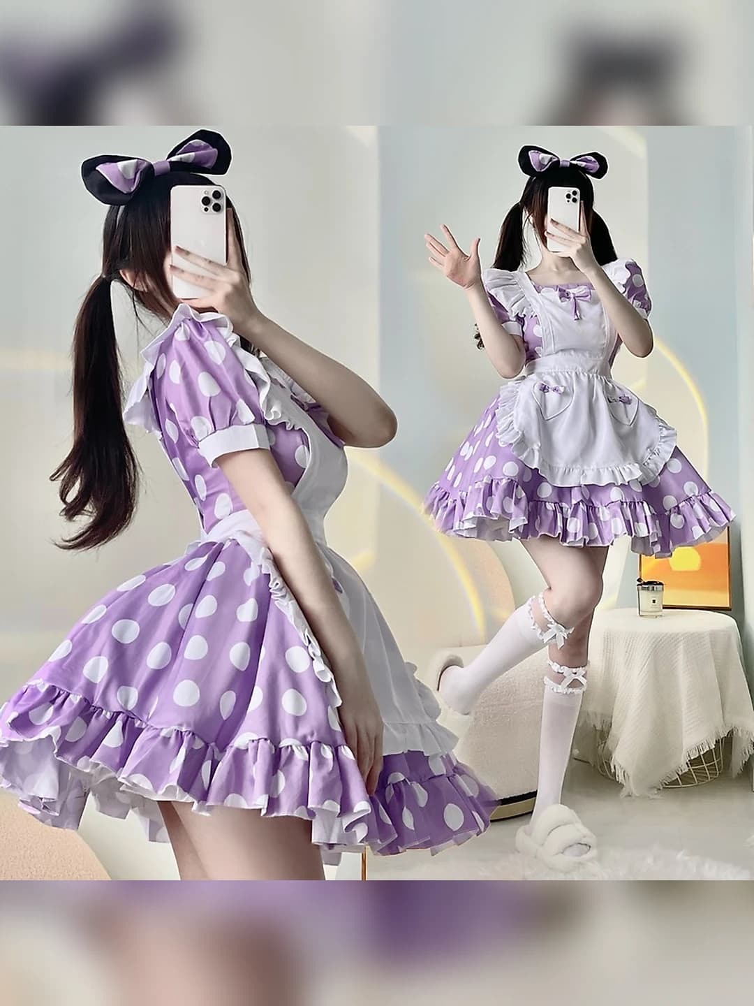 Women's carnival clothing: Mickey and Minnie style Lolita maid cosplay dress, printed, short sleeve, mini skirt