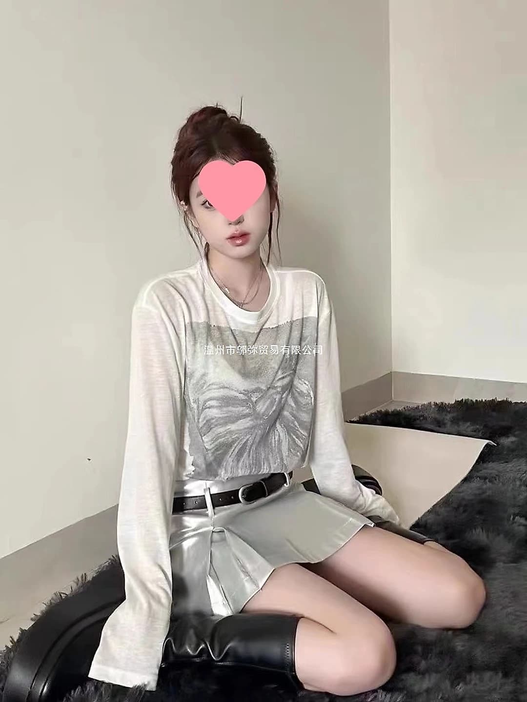 Women's dropped-shoulder long-sleeve t-shirt, thin, for spring-autumn, crew neck, loose fit, solid colour, printed