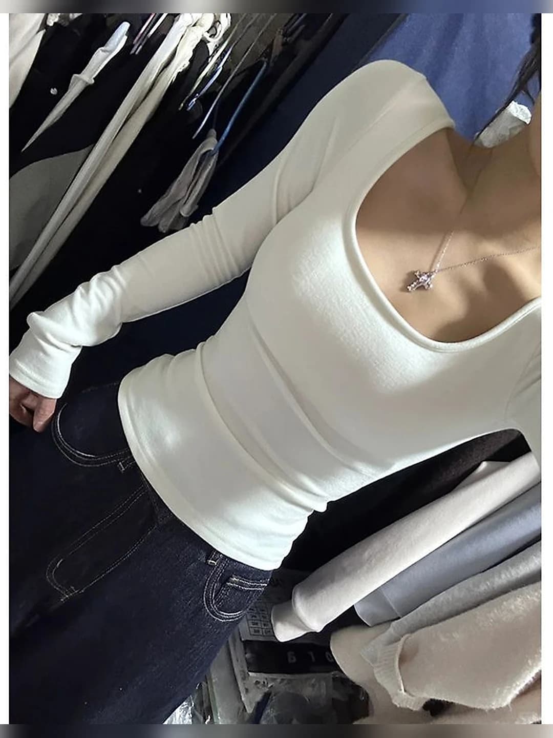 Women's long-sleeve U-neck base layer top, autumn-winter, slim fit, solid colour, white, de fabric