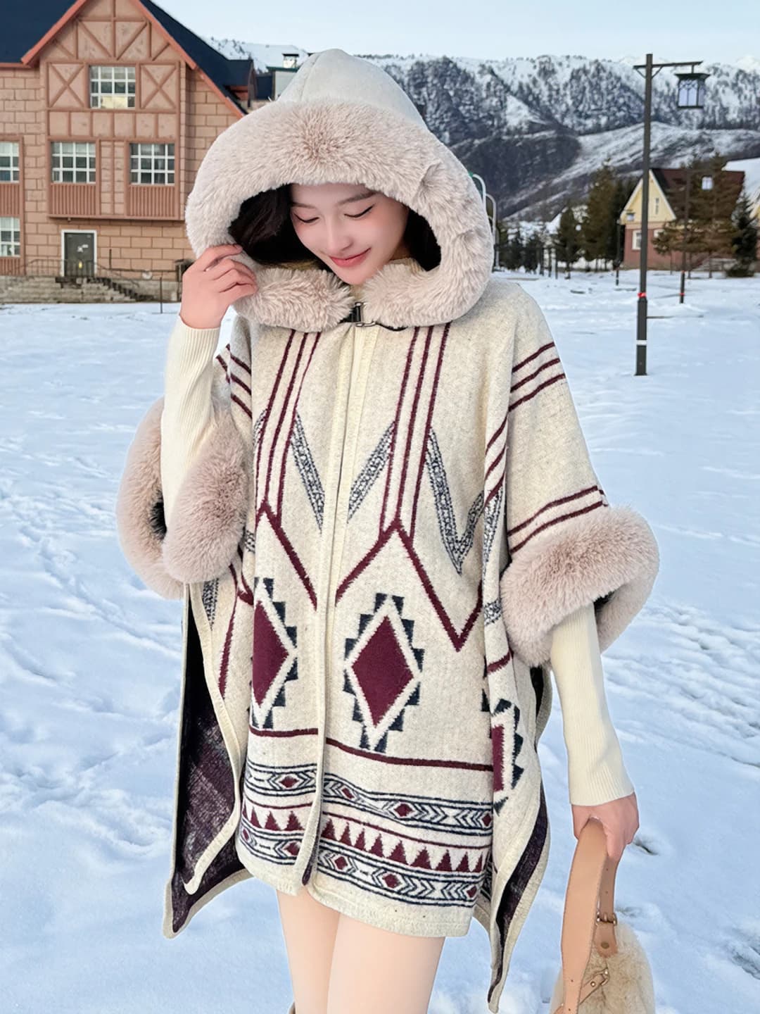 Женское пончо с капюшоном и меховой отделкой, в клетку, тёплое, для осени и зимы