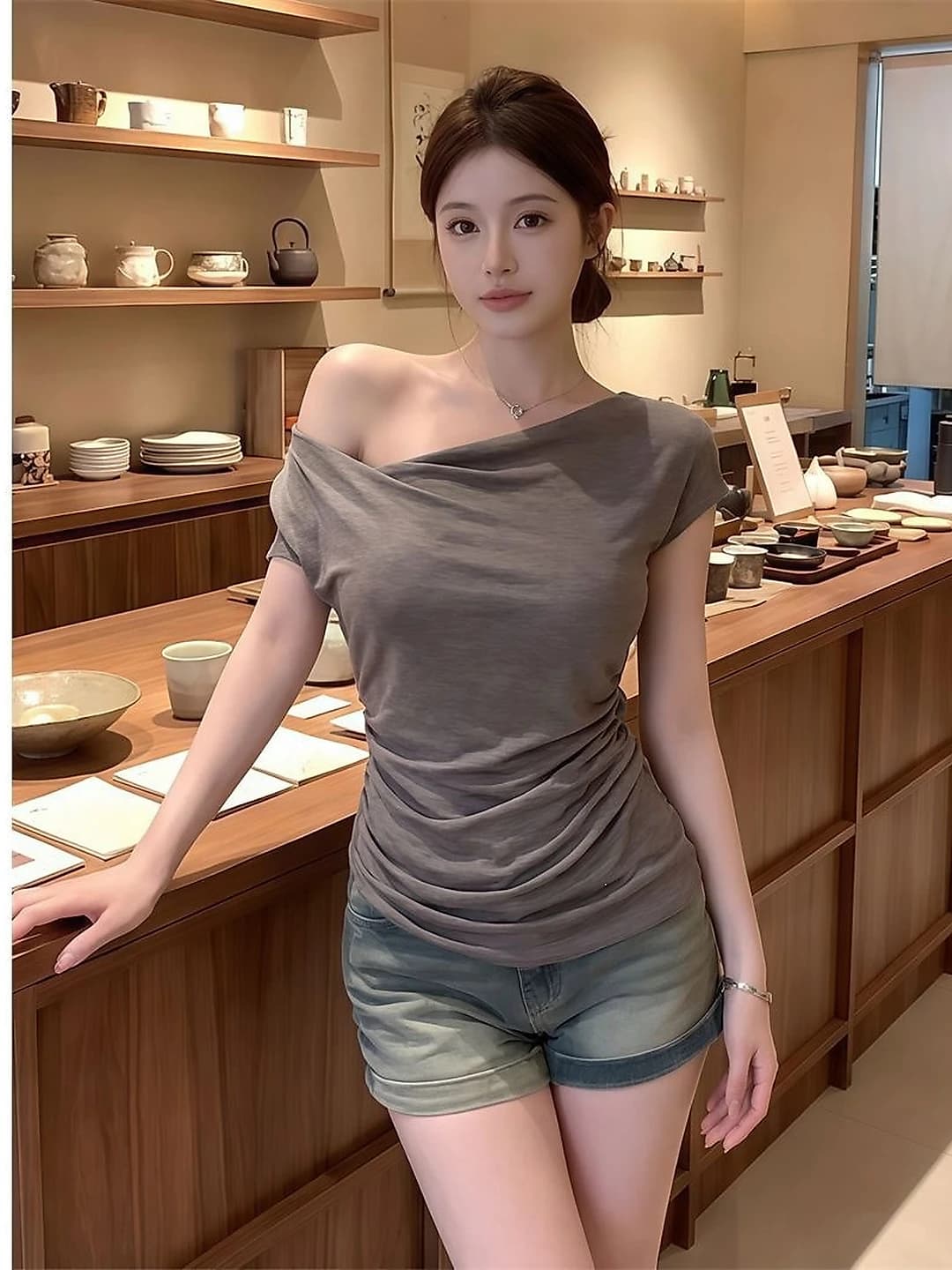 Women's top with dropped shoulders: short sleeve, slim fit, slimming, solid colour summer top