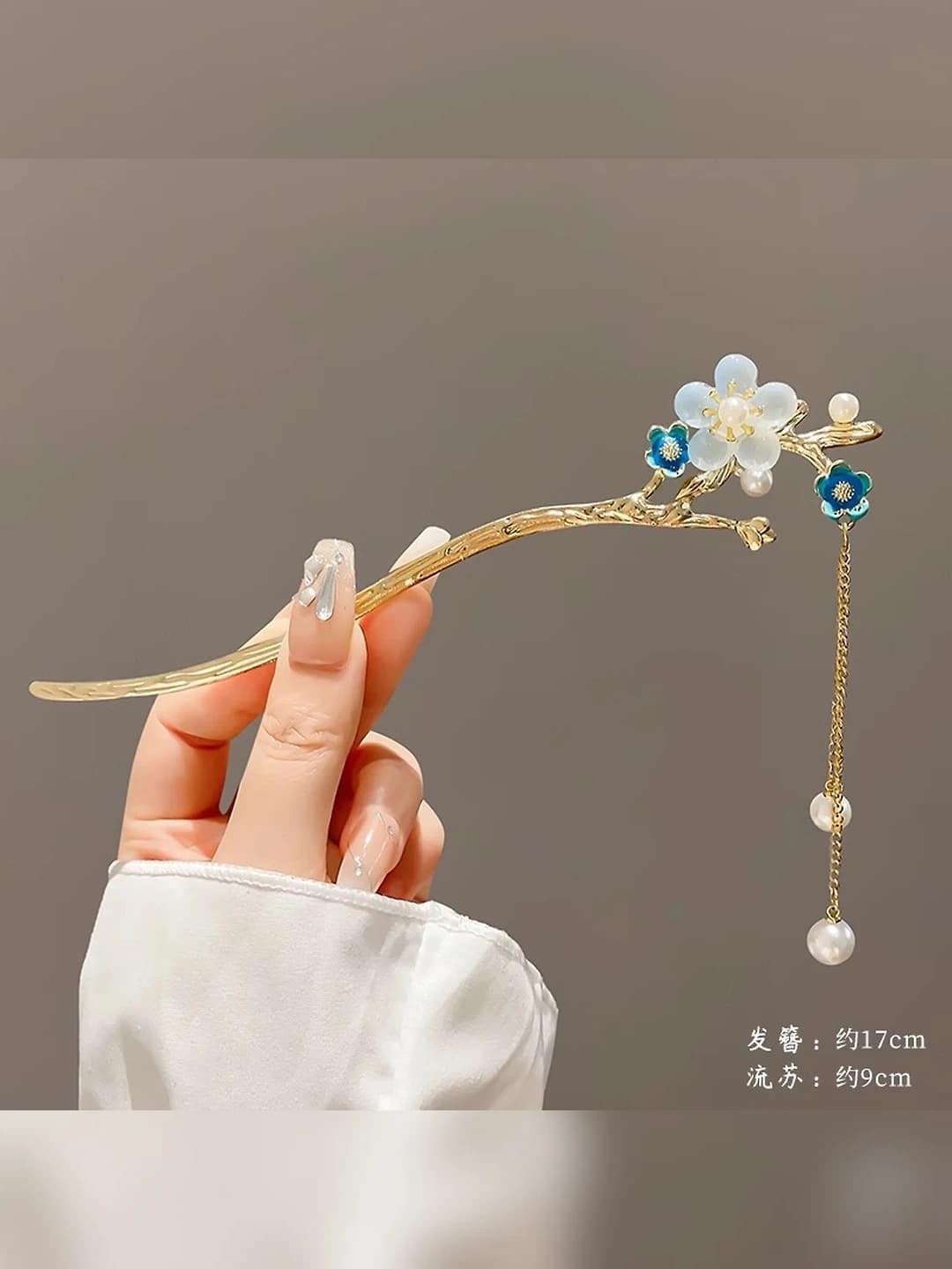 21# Plum blossom light blue single flower pearl tassel hairpin (in bag