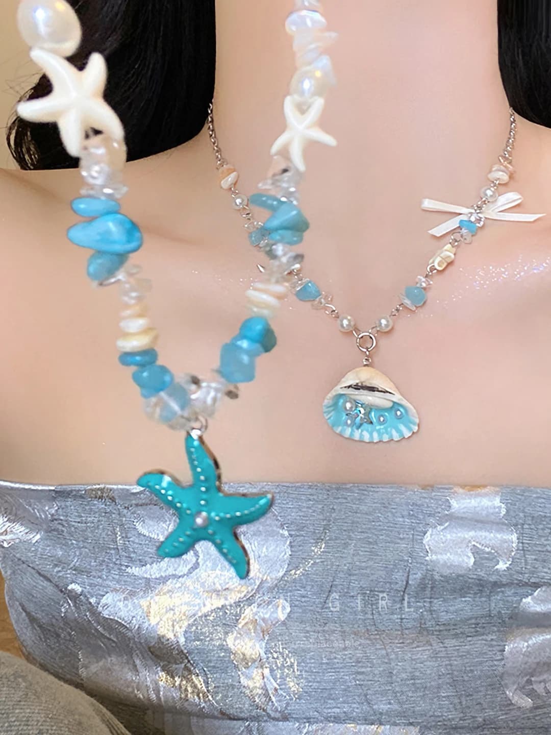 Women's beaded necklace with geometric design, shells and stars, multi-layered