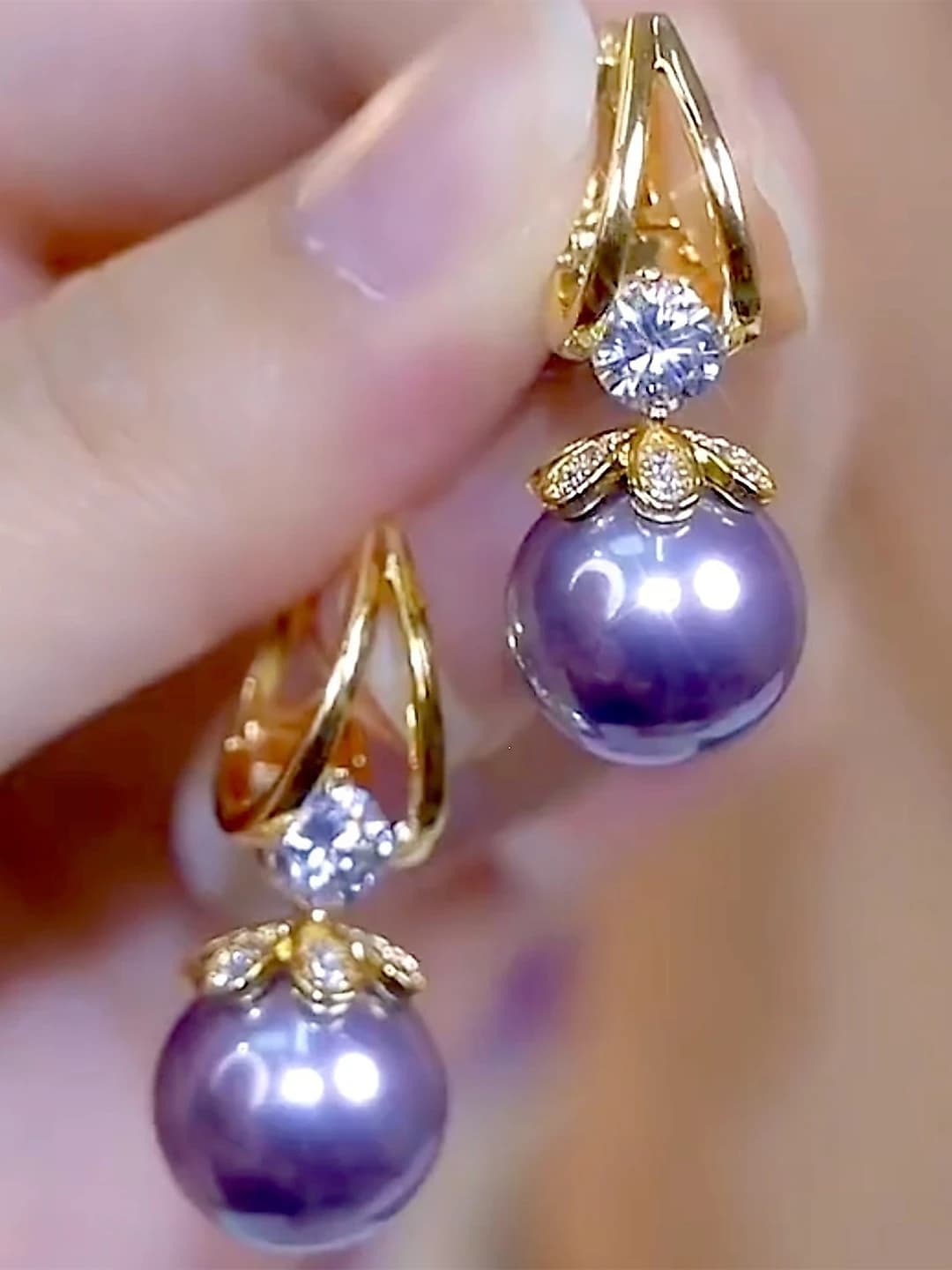 Diamond purple faux pearl earrings