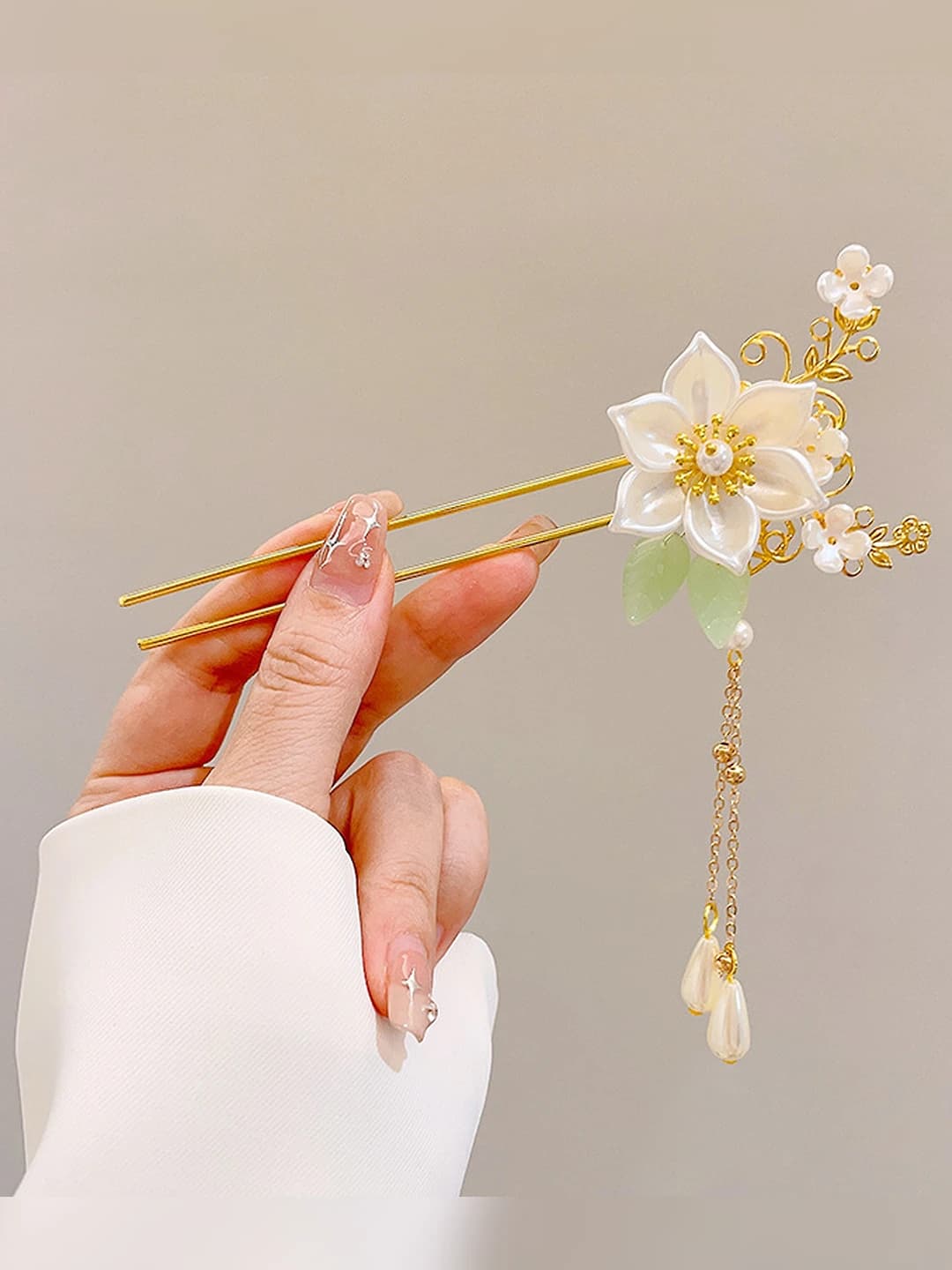13# White lotus pearl flower gold hairpin tassel (bagged)