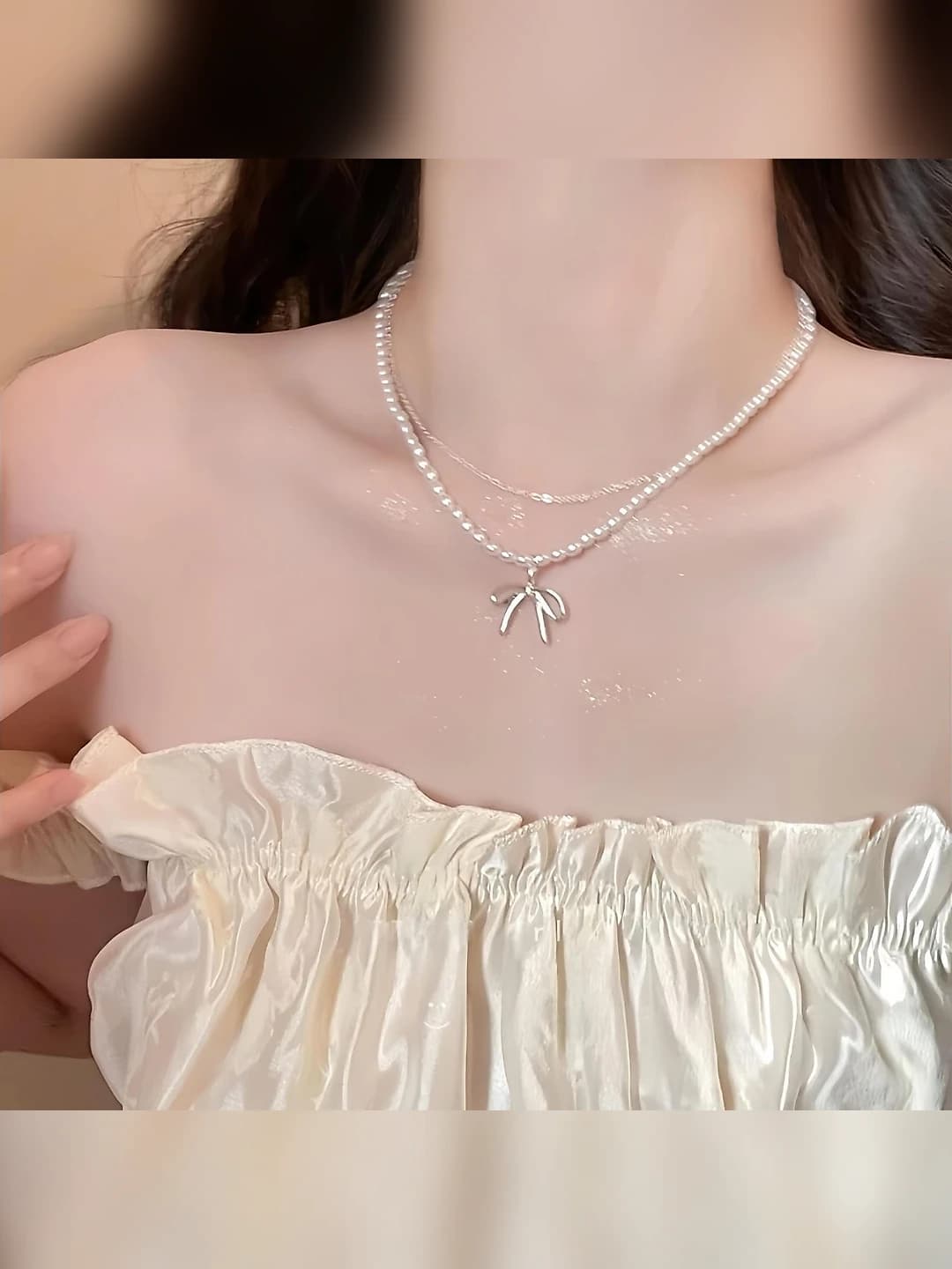 Двухслойное жемчужное бант-ожерелье