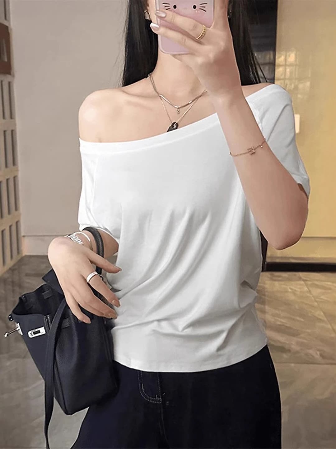 Women's tops with dropped shoulders: white solid colour, short sleeve, loose fit, slimming, summer t-shirt