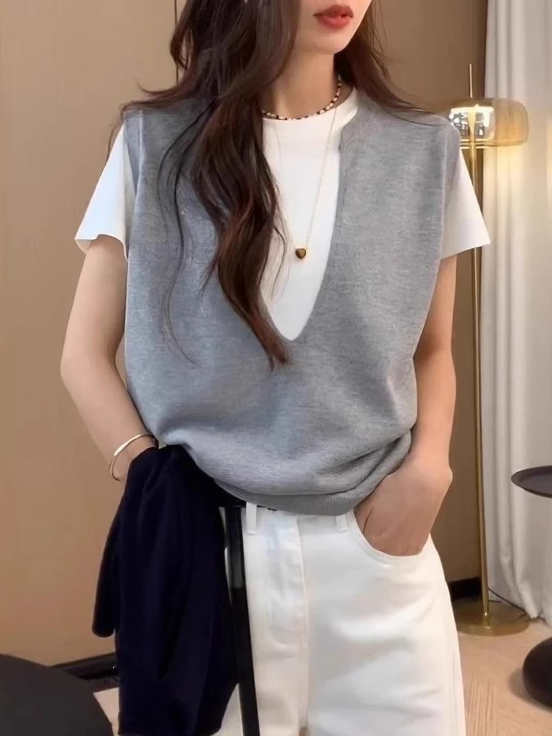 Grey knit fake two-piece