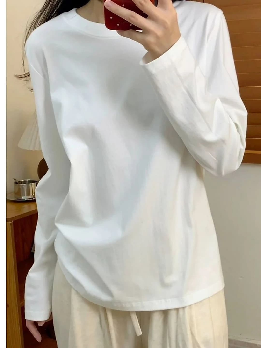 Women's fleece-lined pure cotton long-sleeve base top, crew neck, solid colour, casual style