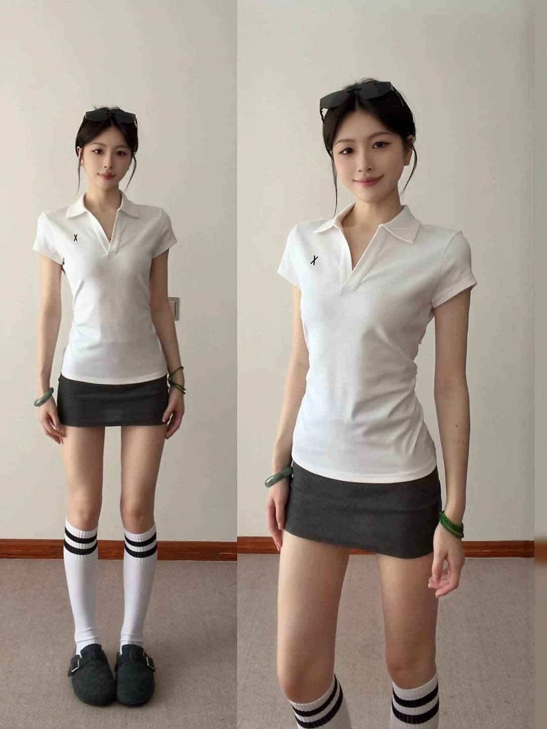 Ayollar uchun yozgi polo ko'ylagi, V-yoqa, qaytarma yoqa, tanaga yopishgan, kalta yeng, sport, tennis
