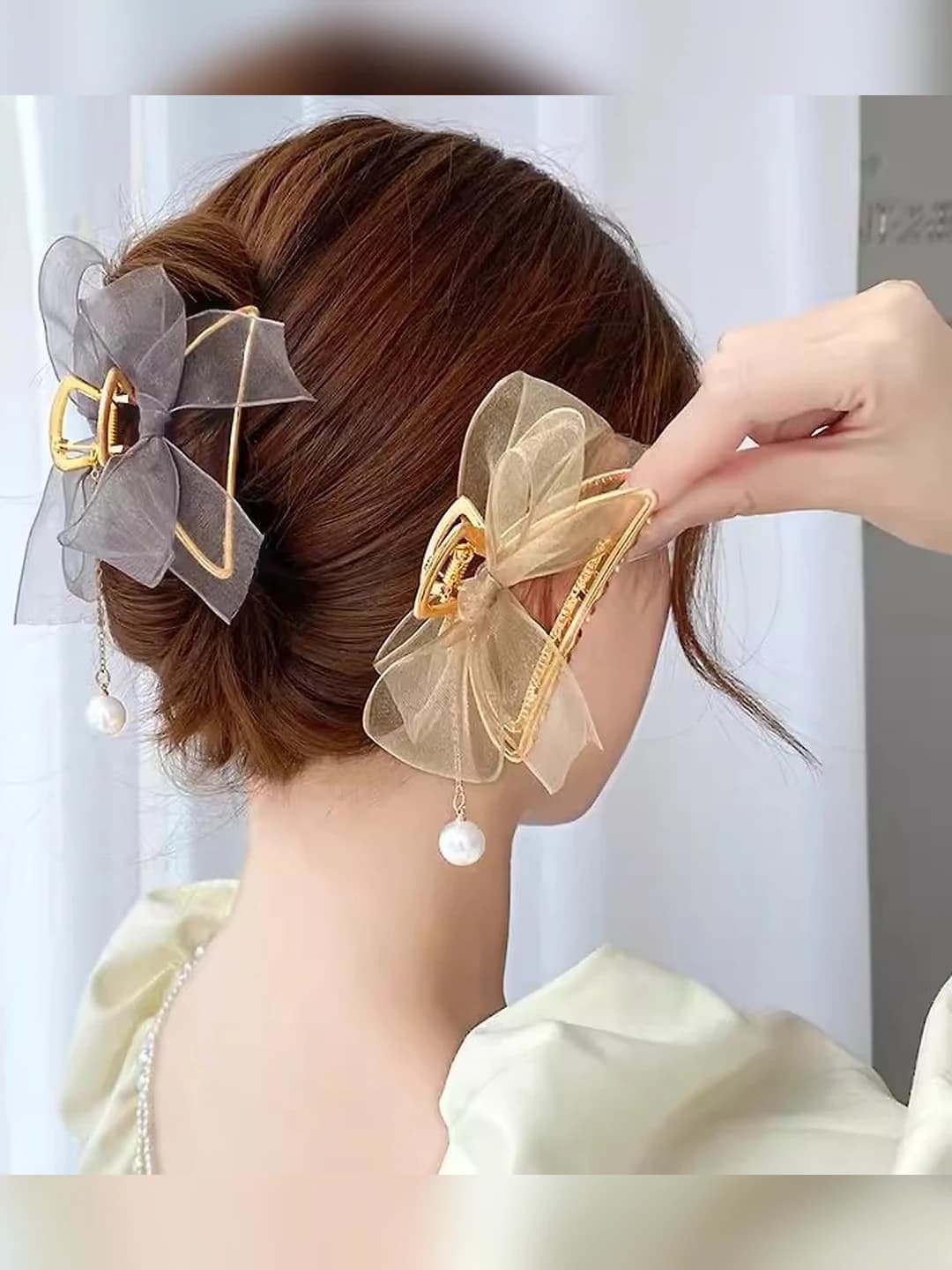 Women's hair clips and combs: tulle bow claw clip with fringe, korean style