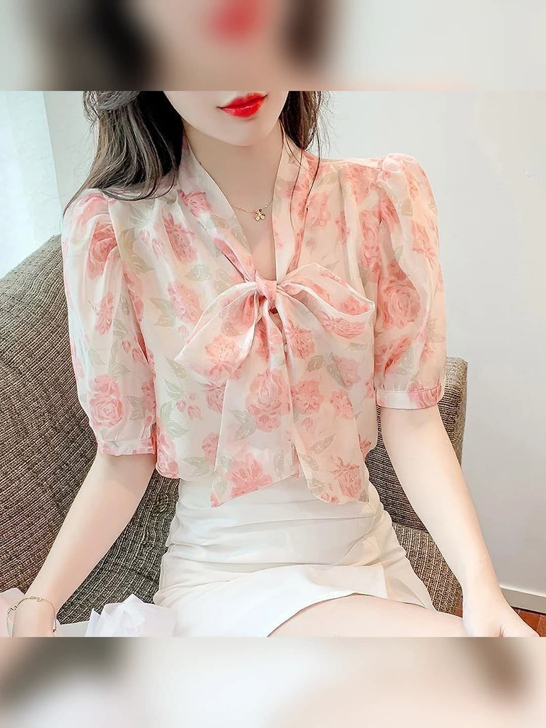 Women's summer printed chiffon blouse, short sleeves, square collar, casual style