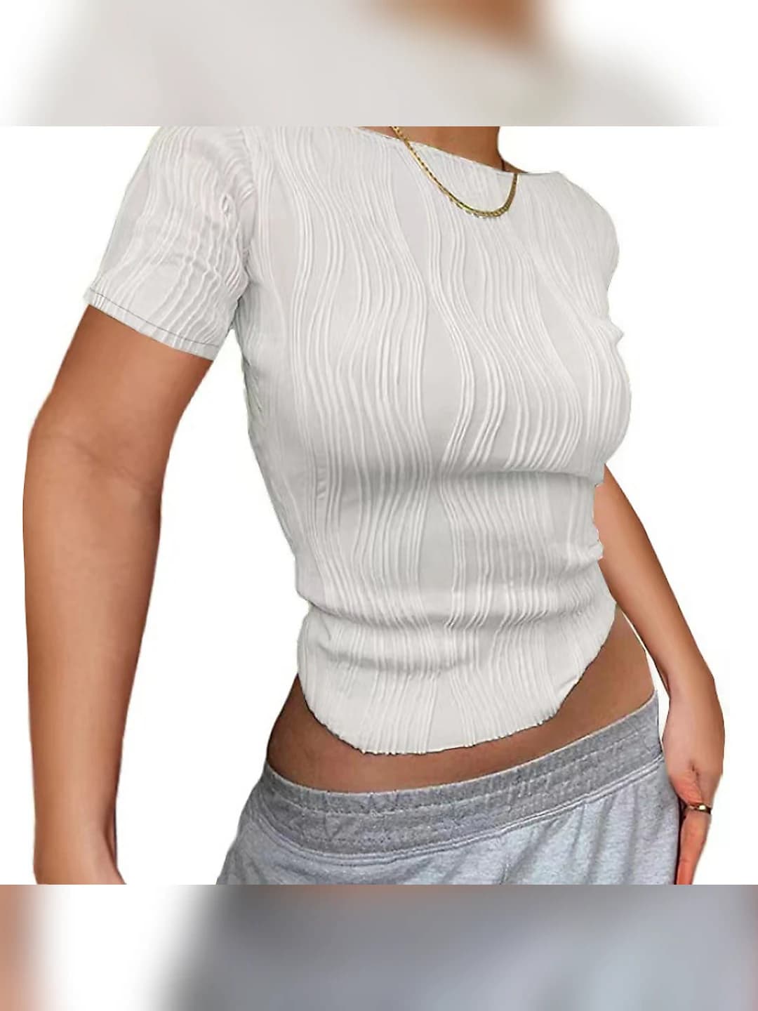 Women's 2026 summer short sleeve crop top with crew neck, slim fit, solid colour, spliced design