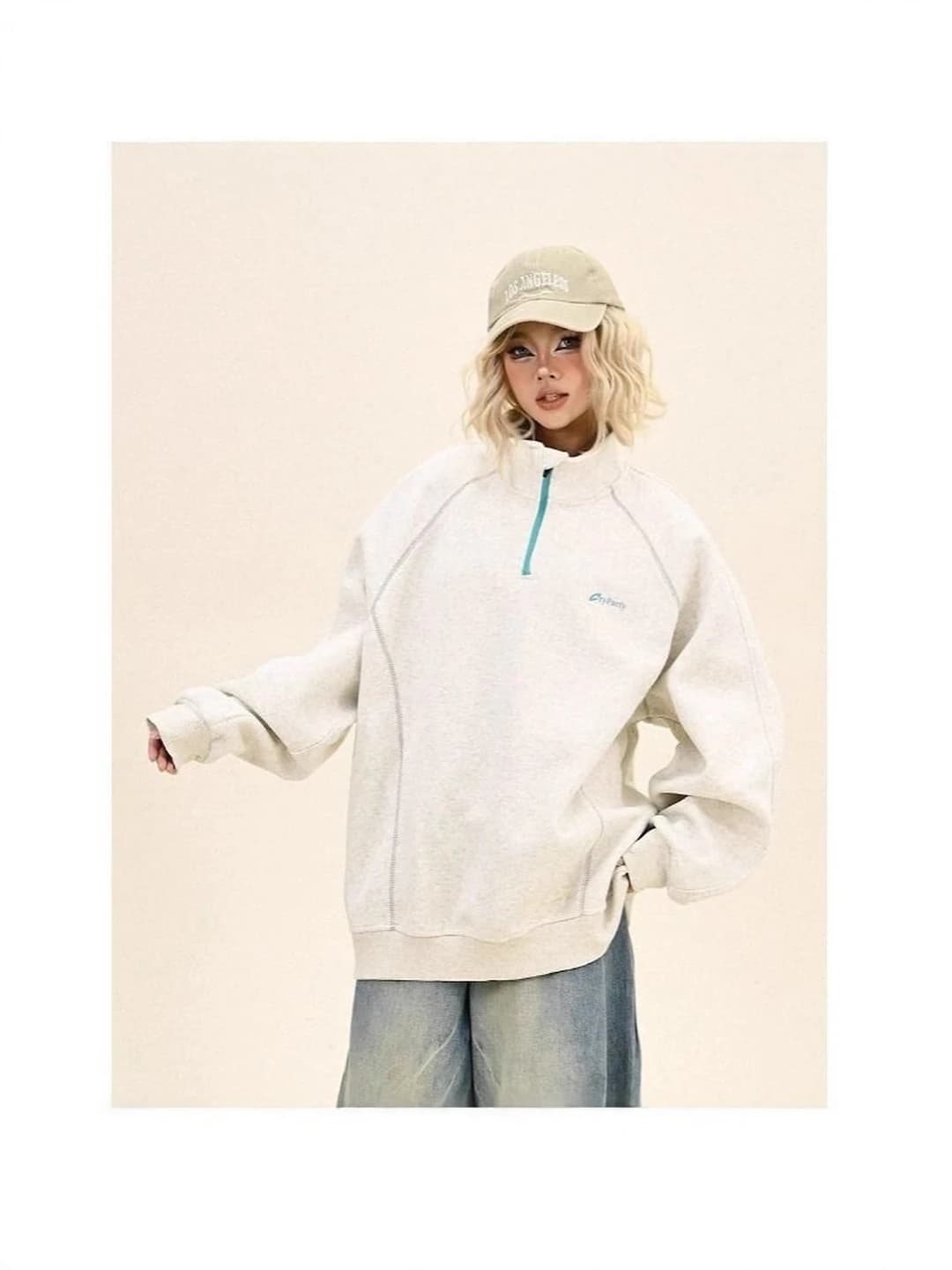 Women's retro grey casual sweatshirt, 2026 autumn-winter, loose fit, long sleeve, with zip, embroidered