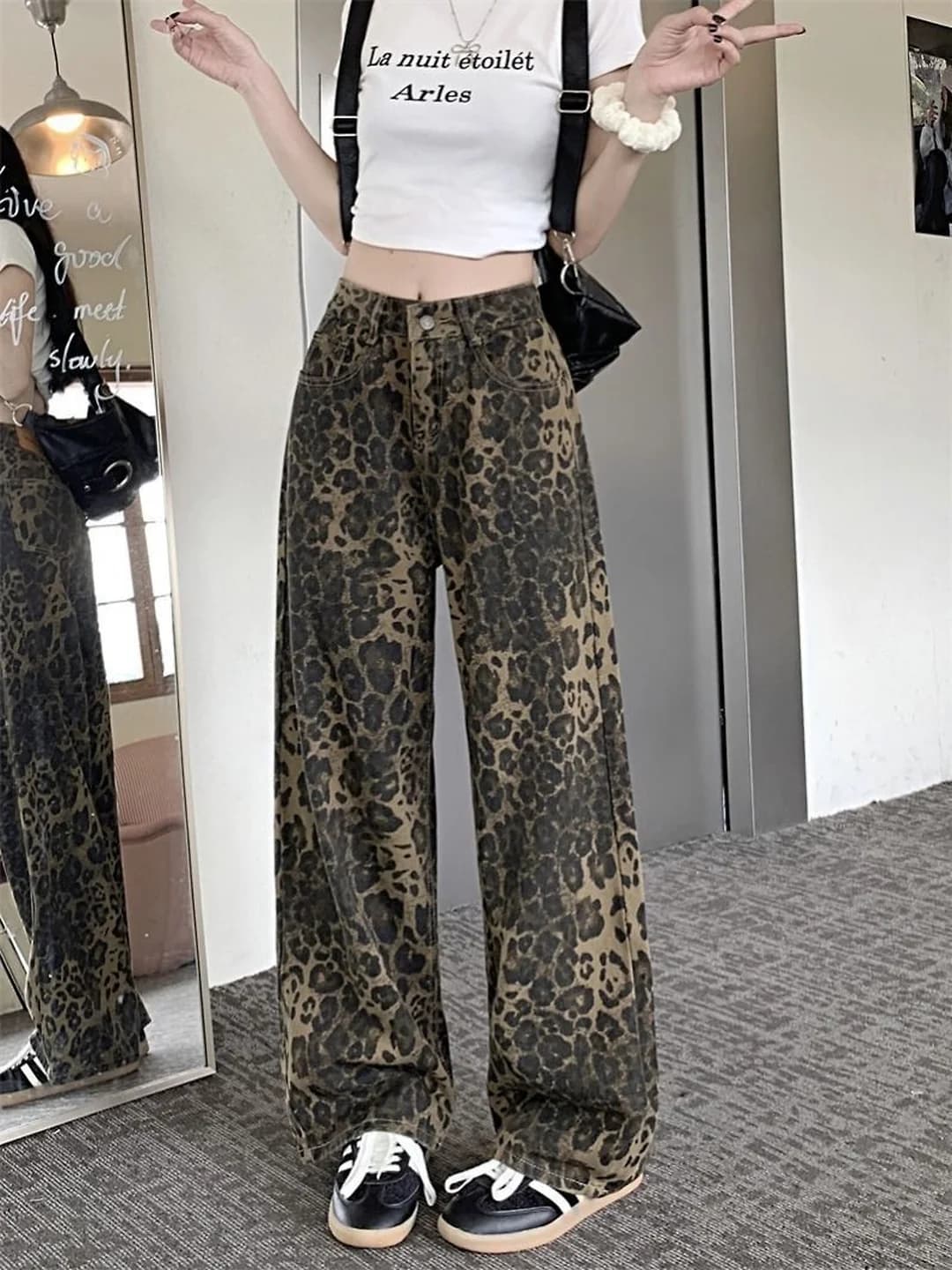 Women's wide and flared jeans 2026, retro, spring-autumn, high waist, loose fit, straight cut, leopard print