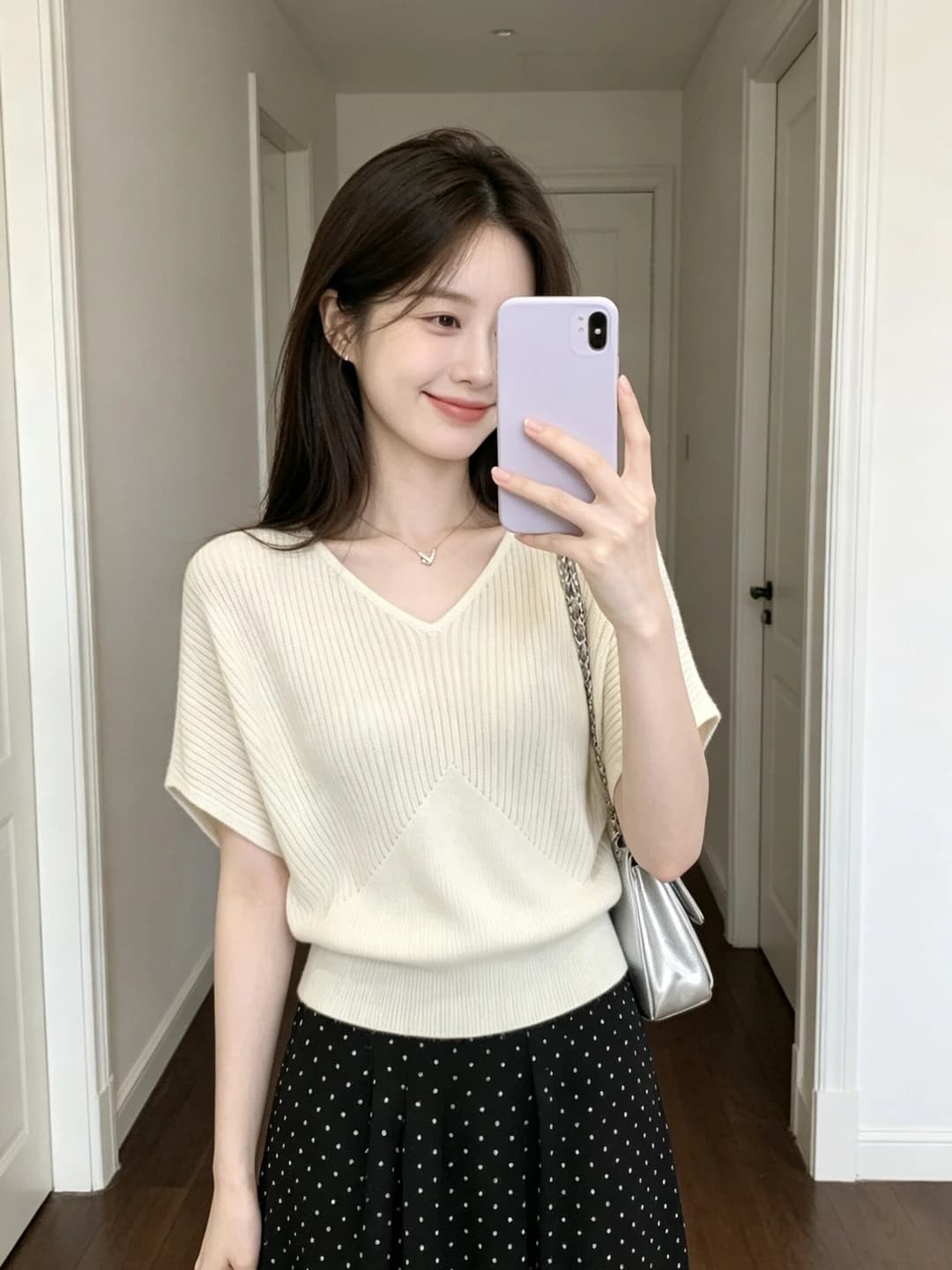 Ayollar uchun yozgiy trikotaj sviter, V-yoqa, kalta yeng, bo'sh (oversize) kesim, bir rangli, nozik ko'rsatadigan