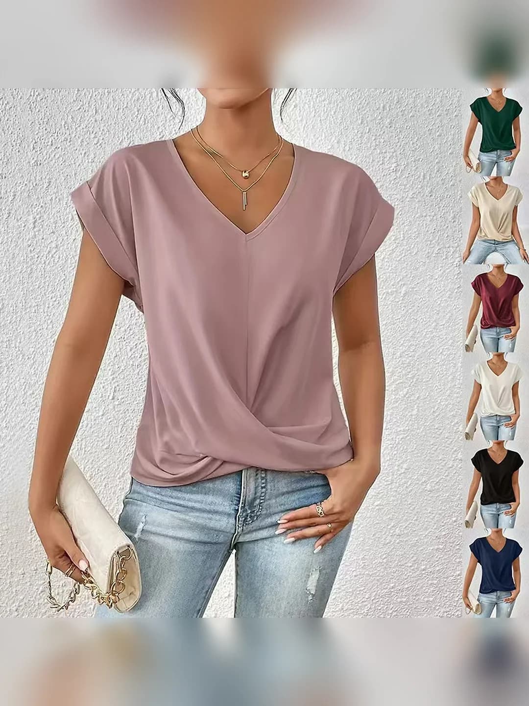 Women's 2026 spring-summer solid colour V-neck short sleeve t-shirt, polyester, regular fit, office style