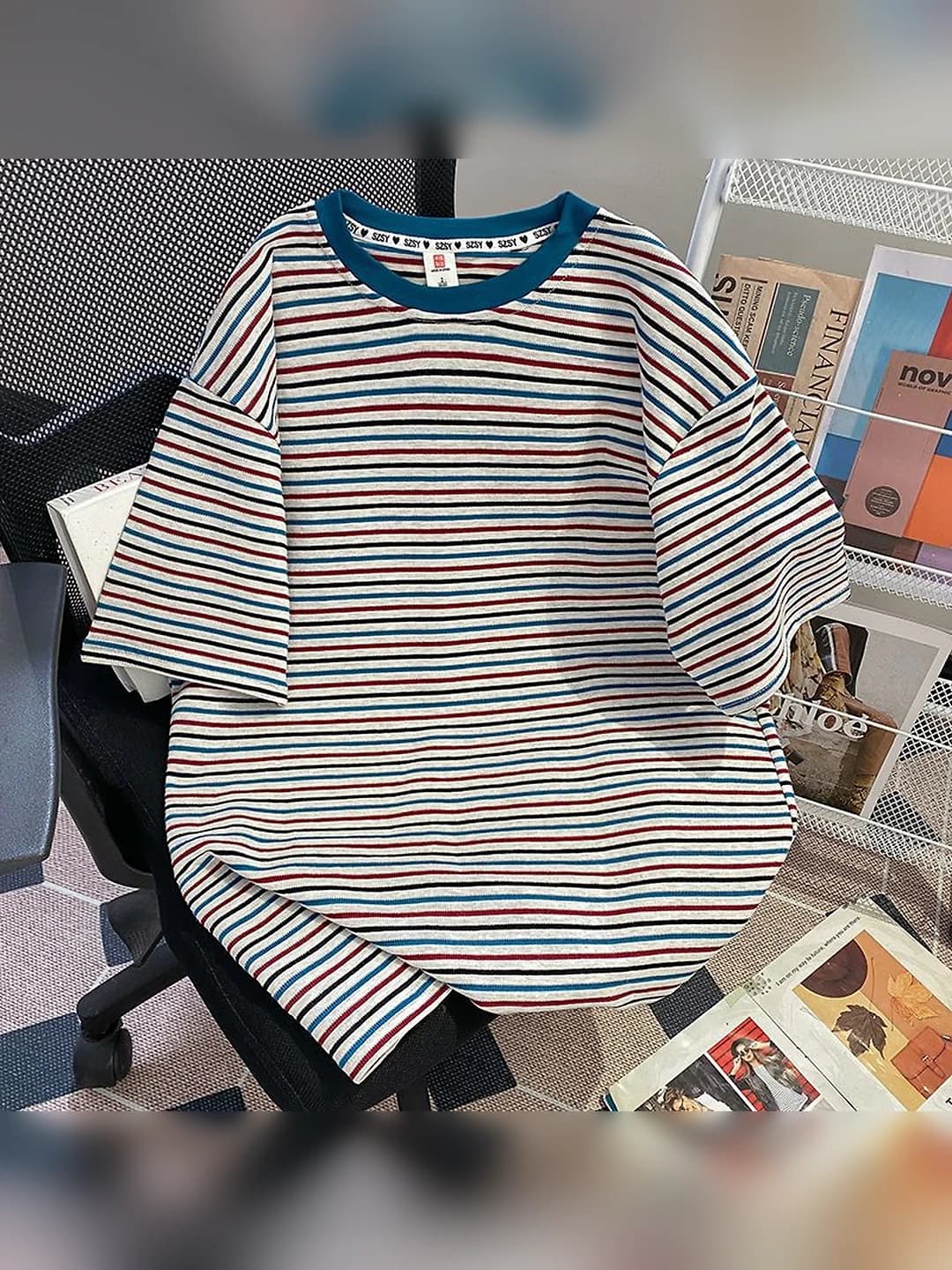 Women's plus size retro striped printed short sleeve loose fit t-shirt, summer, 2026