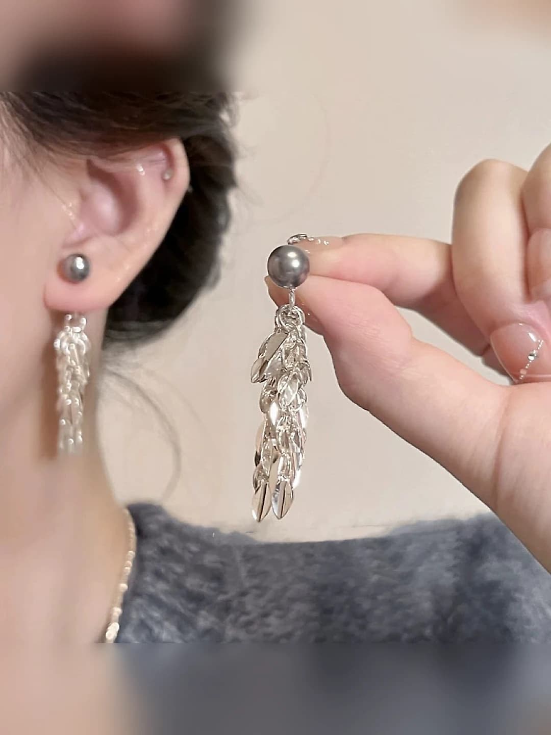4# Wheat ear long pearl ear studs - A2031 silver