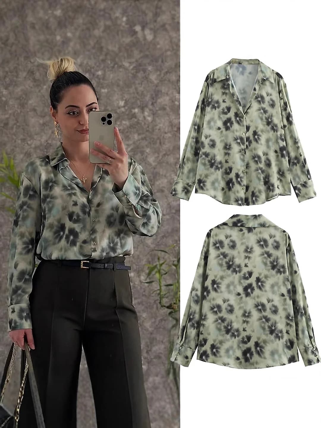 Women's spring floral print long sleeve loose fit blouse