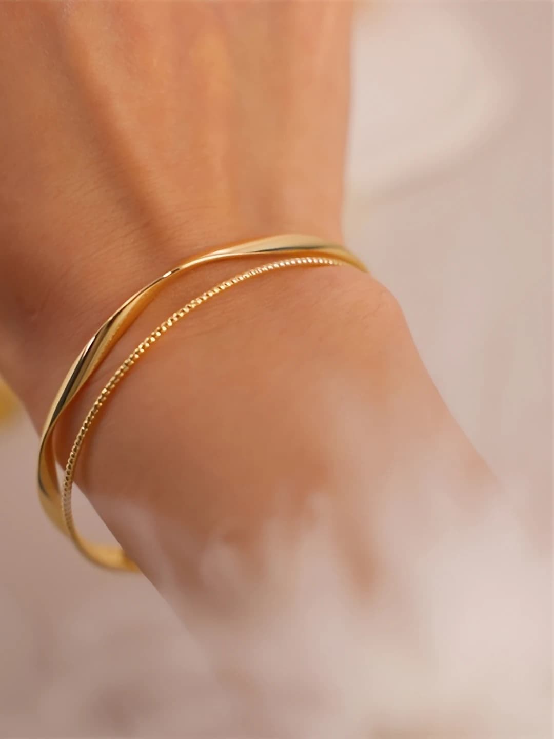 Women's copper bangle with 14k gold plating, Korean style, twisted design, open cuff