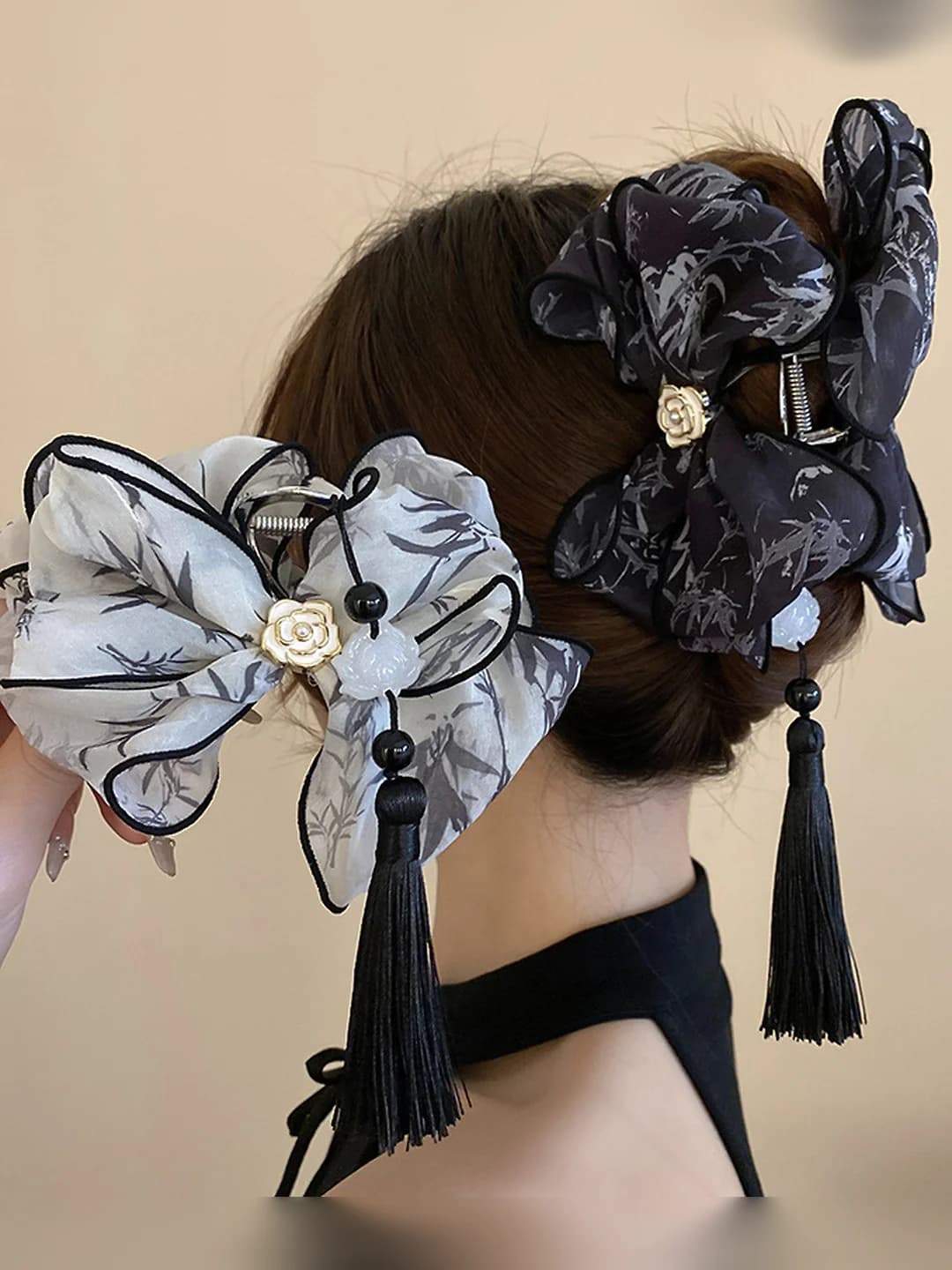 Women's retro lace hair claw clip with bamboo, flowers, bow and tassel, handmade
