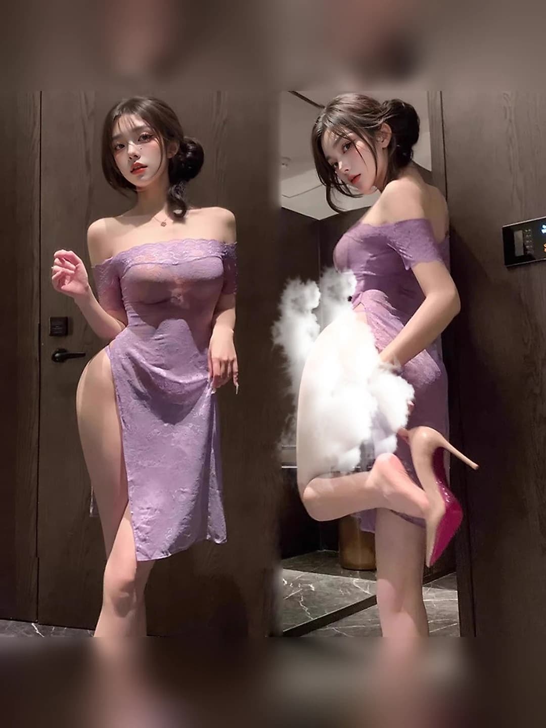 Purple, lace, sheer dress